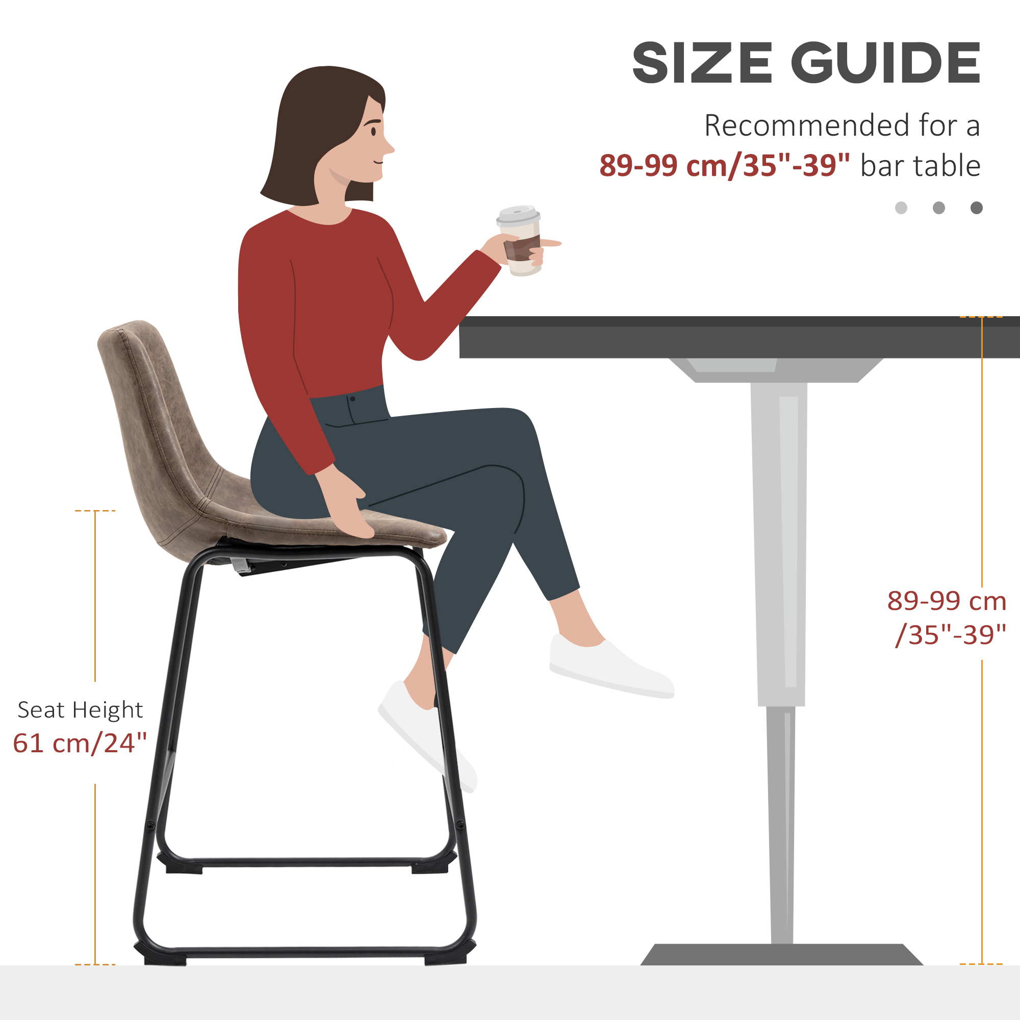 Counter Height Bar Stools Set of 2, Vintage PU Leather Bar Chairs, Kitchen Stools w/ Footrest for Home Bar, Brown - Image 4