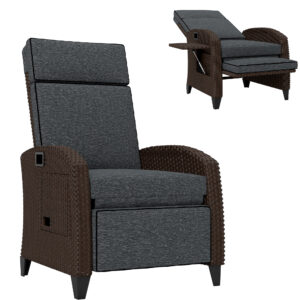 Outdoor Recliner Chair with Adjustable Backrest, Cushion, Side Tray, Dark Grey