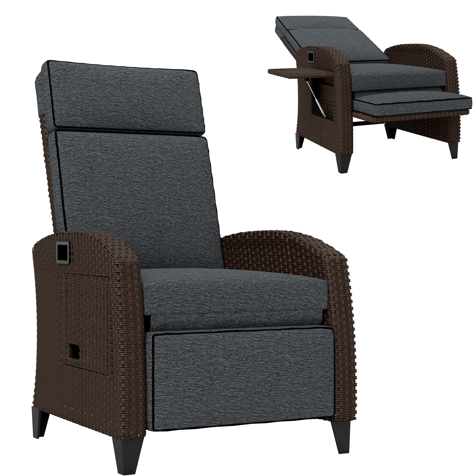 Outdoor Recliner Chair with Adjustable Backrest, Cushion, Side Tray, Dark Grey