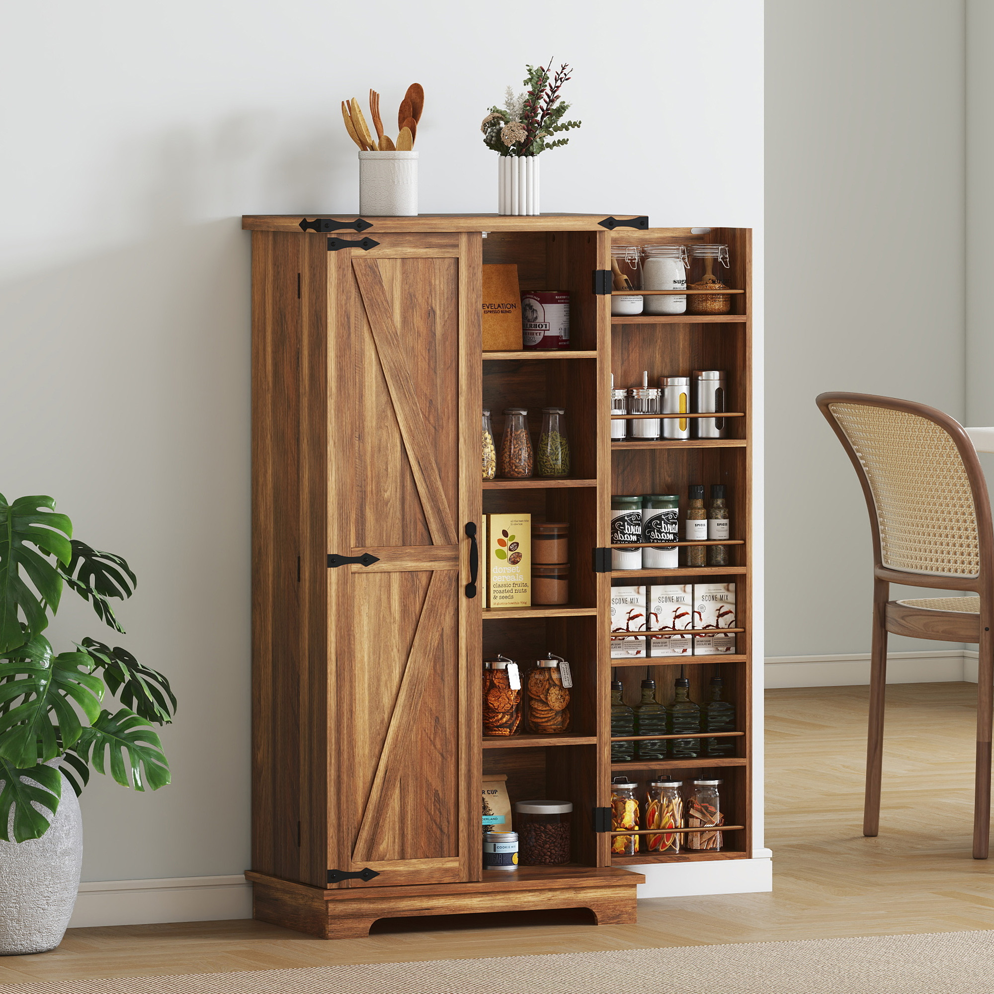 47" Kitchen Pantry Storage Cabinet, Farmhouse Kitchen Pantry Cabinet with Adjustable Shelves and Door Shelves, Brown - Image 6