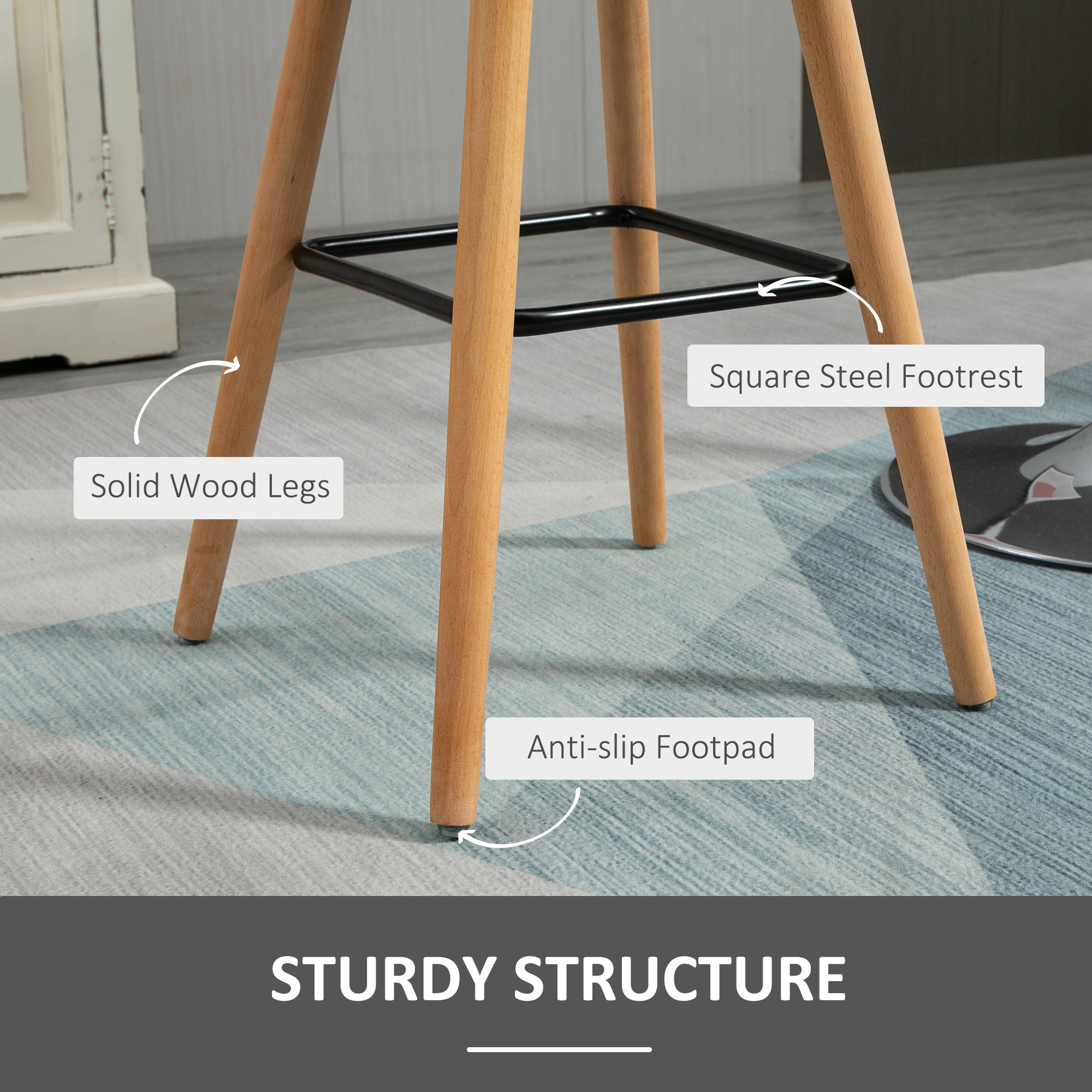 Modern Bar Stools Set of 2, 38" Upholstered Kitchen Island Stool with Solid Wood Legs, Grey - Image 4