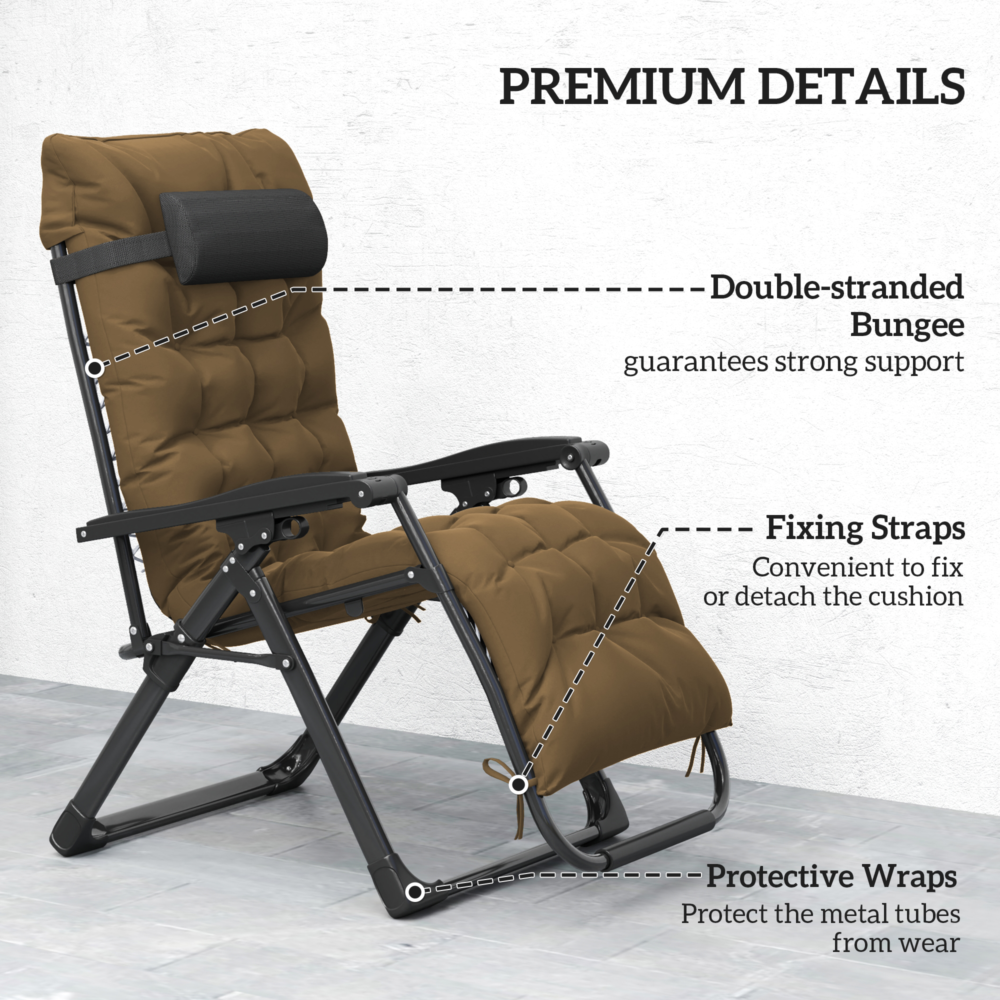 Folding Garden Chairs Set of 2, Reclining Zero Gravity Chair, Sun Lounger with Cushion and Headrest, Khaki - Image 5