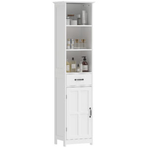 Modern Bathroom Cabinet, Narrow Bathroom Vanities with 3 Open Shelves, Drawer and Adjustable Shelf, White