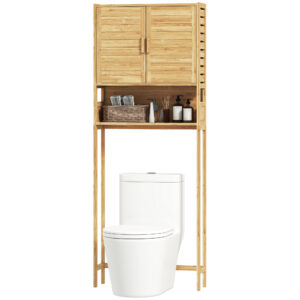 Over the Toilet Cabinet, Bathroom Organizer with 2 Doors, Open Compartment and Adjustable Shelf, Natural Wood Finish