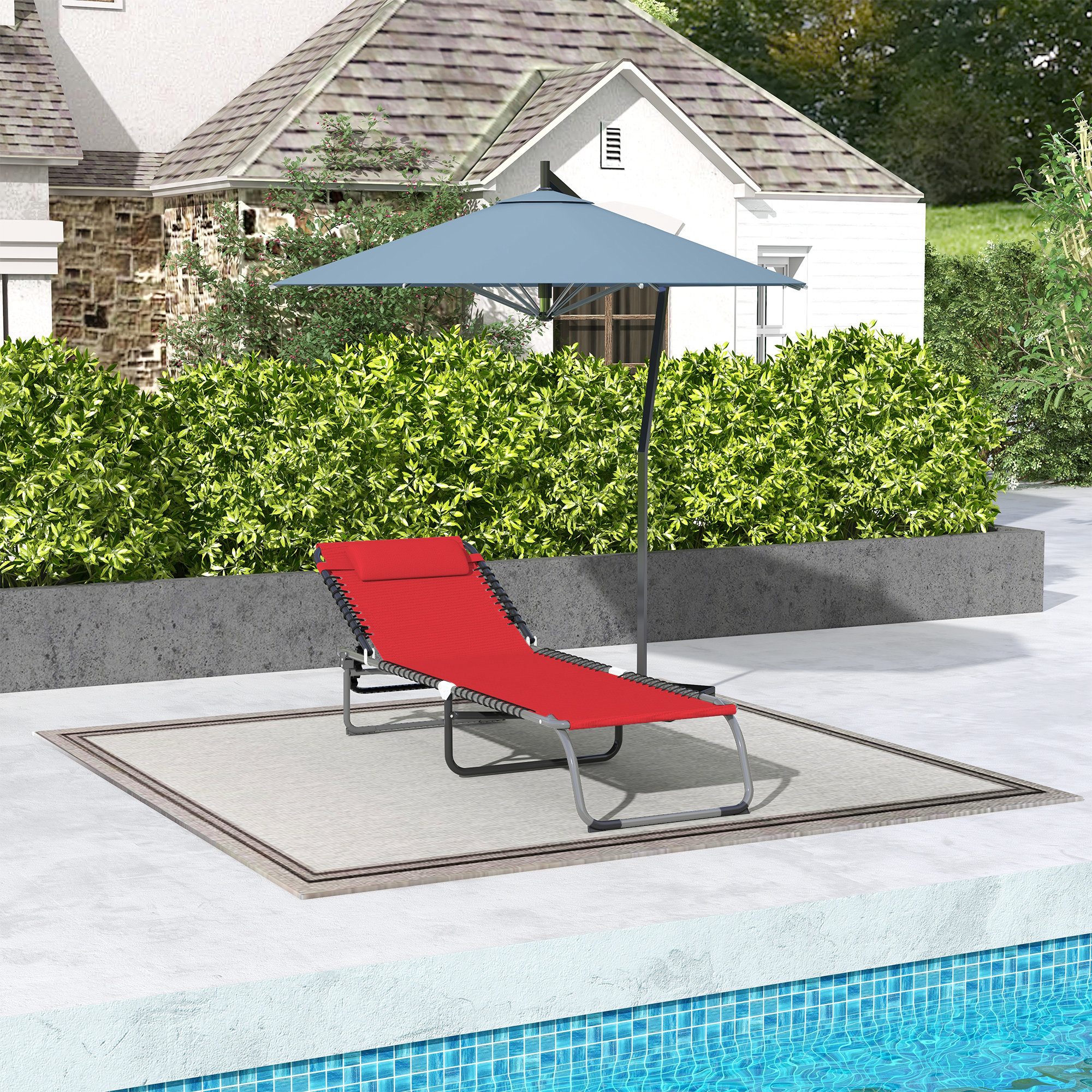 Outdoor Folding Lounge Chair, 4-Level Adjustable Chaise Lounge with Headrest, Tanning Chair Beach Bed Reclining Lounger Cot for Camping, Hiking, Backyard, Wine Red - Image 5