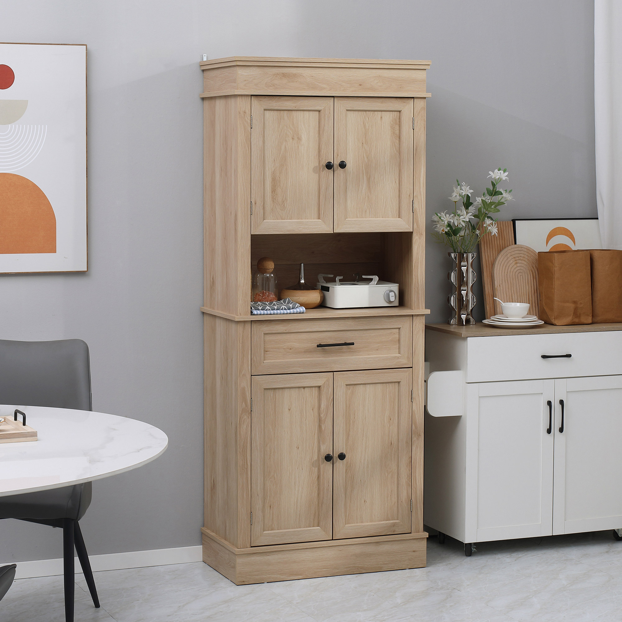 Modern Freestanding Kitchen Pantry Cabinet with Doors Open Shelves Adjustable Shelving Microwave Space, Oak - Image 6