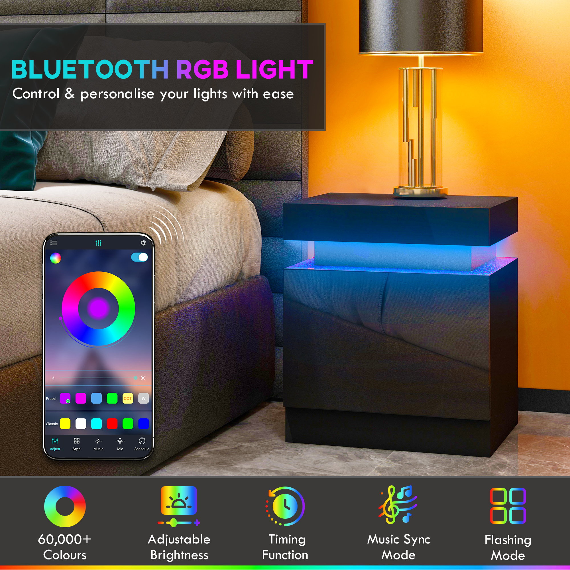 Nightstand, Bedside Table with LED Lights and 2 Drawers for Bedroom, Living Room, Black - Image 2