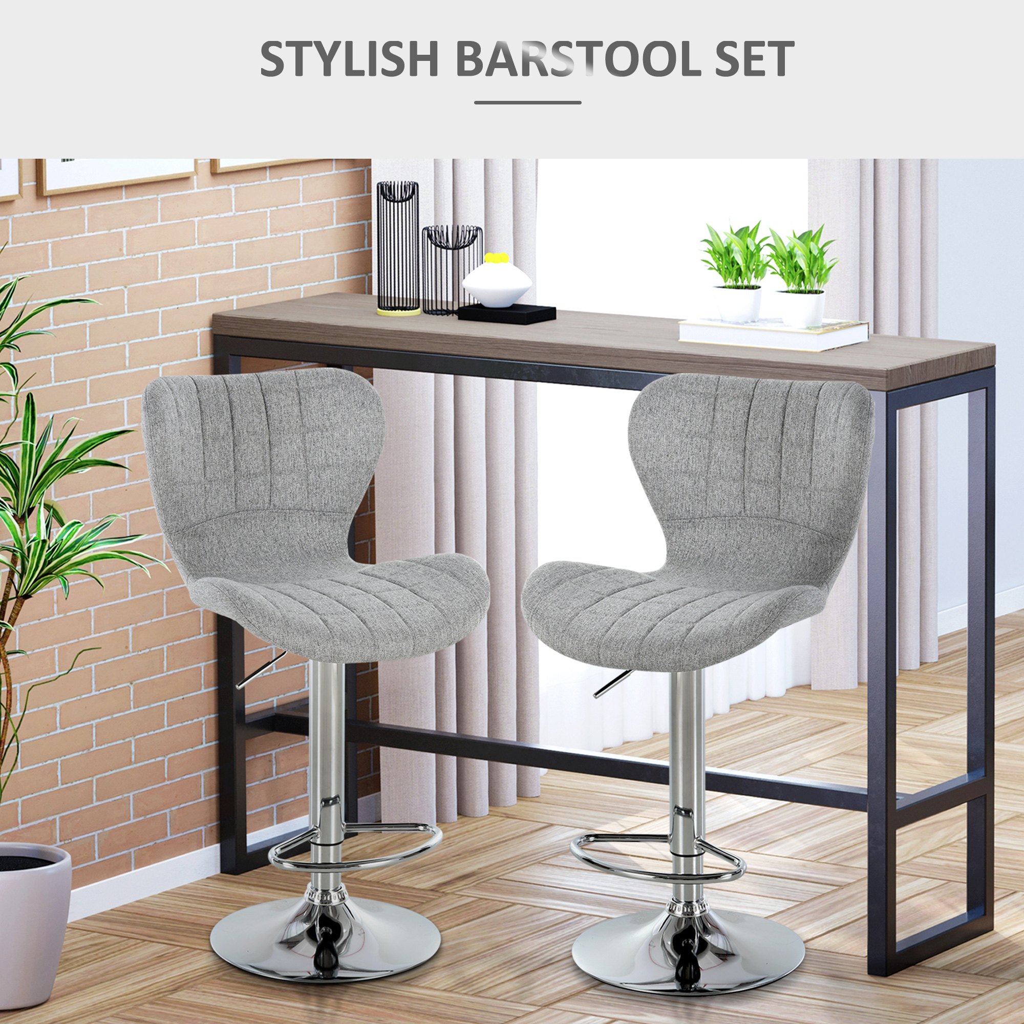 Set of 2 Counter Height Bar Stools Swivel Stool Height Adjustable Bar Chairs with Footrest for Kitchen Dining Home Pub, Grey - Image 2