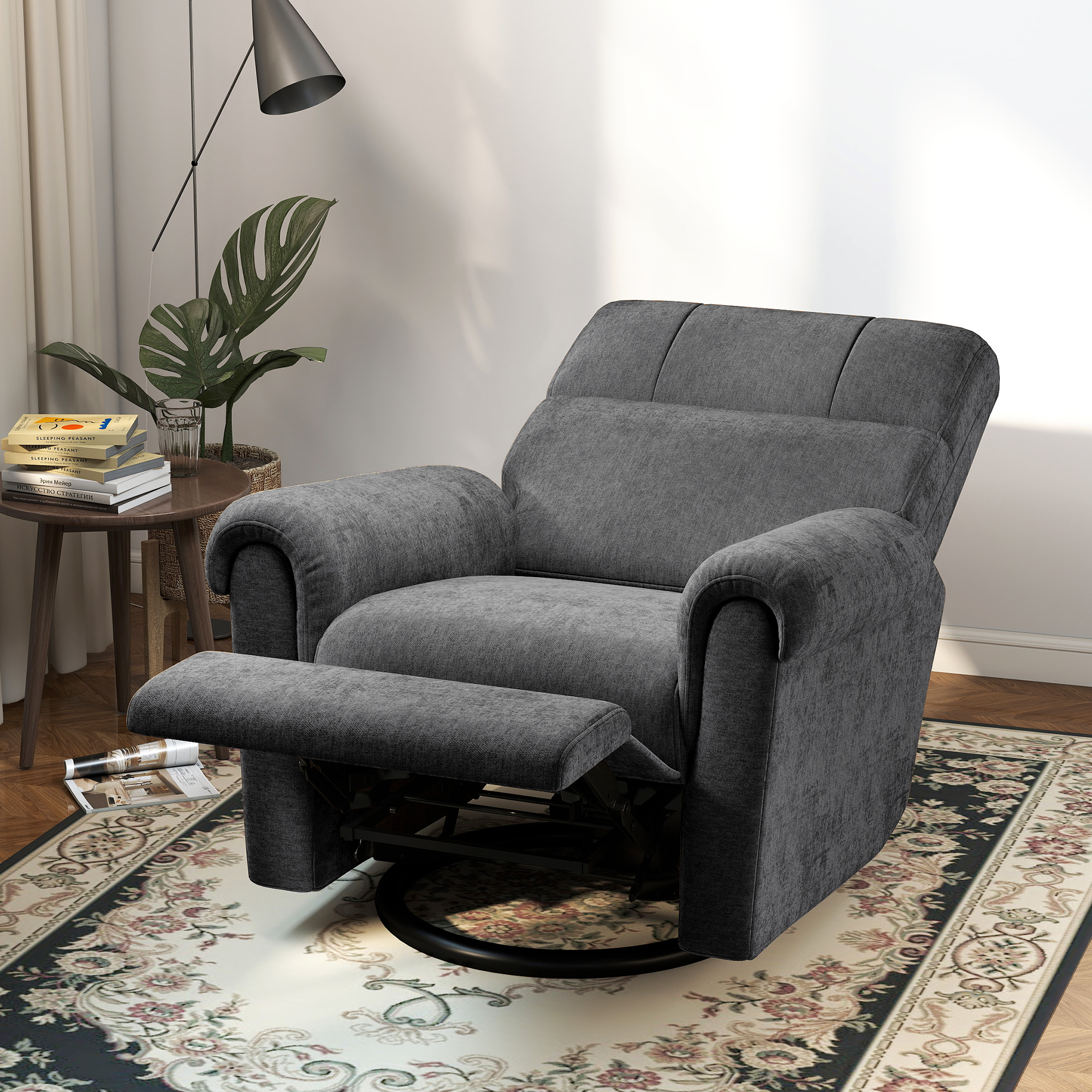 Power Recliner Chair, Fabric Upholstered Recliner Chair with USB Ports, Swivel and Rocking Function, Footrest, Dark Grey - Image 6