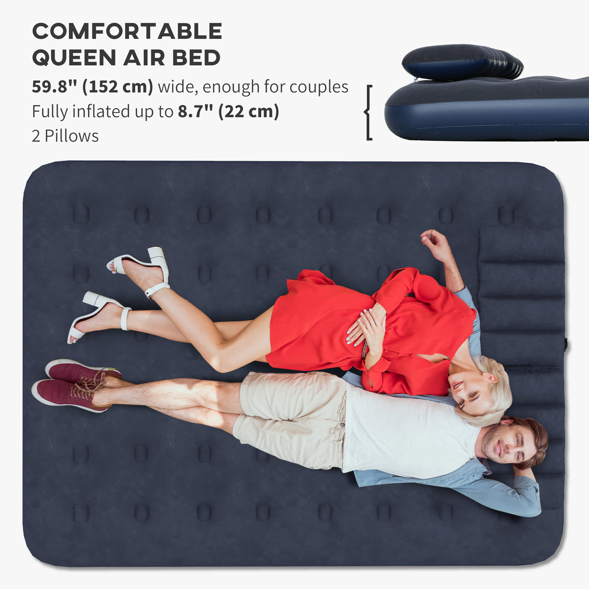 Queen Size Air Mattress Camping Air Bed with 2 Pillows and Hand Pump, Blue - Image 2