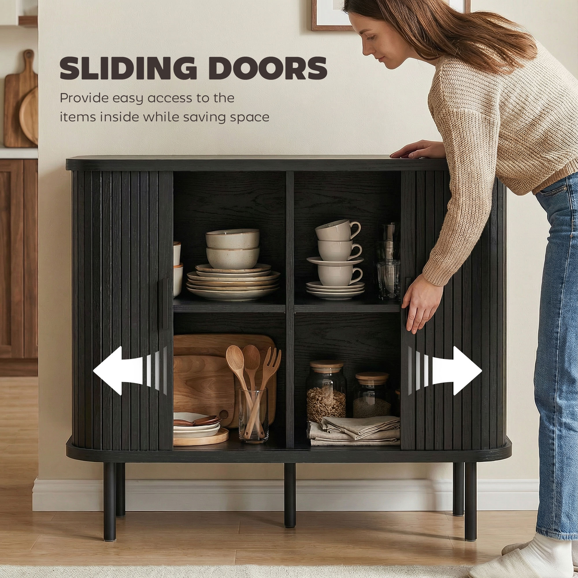 35.4" Sideboard Buffet Cabinet with Storage, Nordic Coffee Bar Cabinet with Slatted Tambour Doors and Metal Legs, Black - Image 3