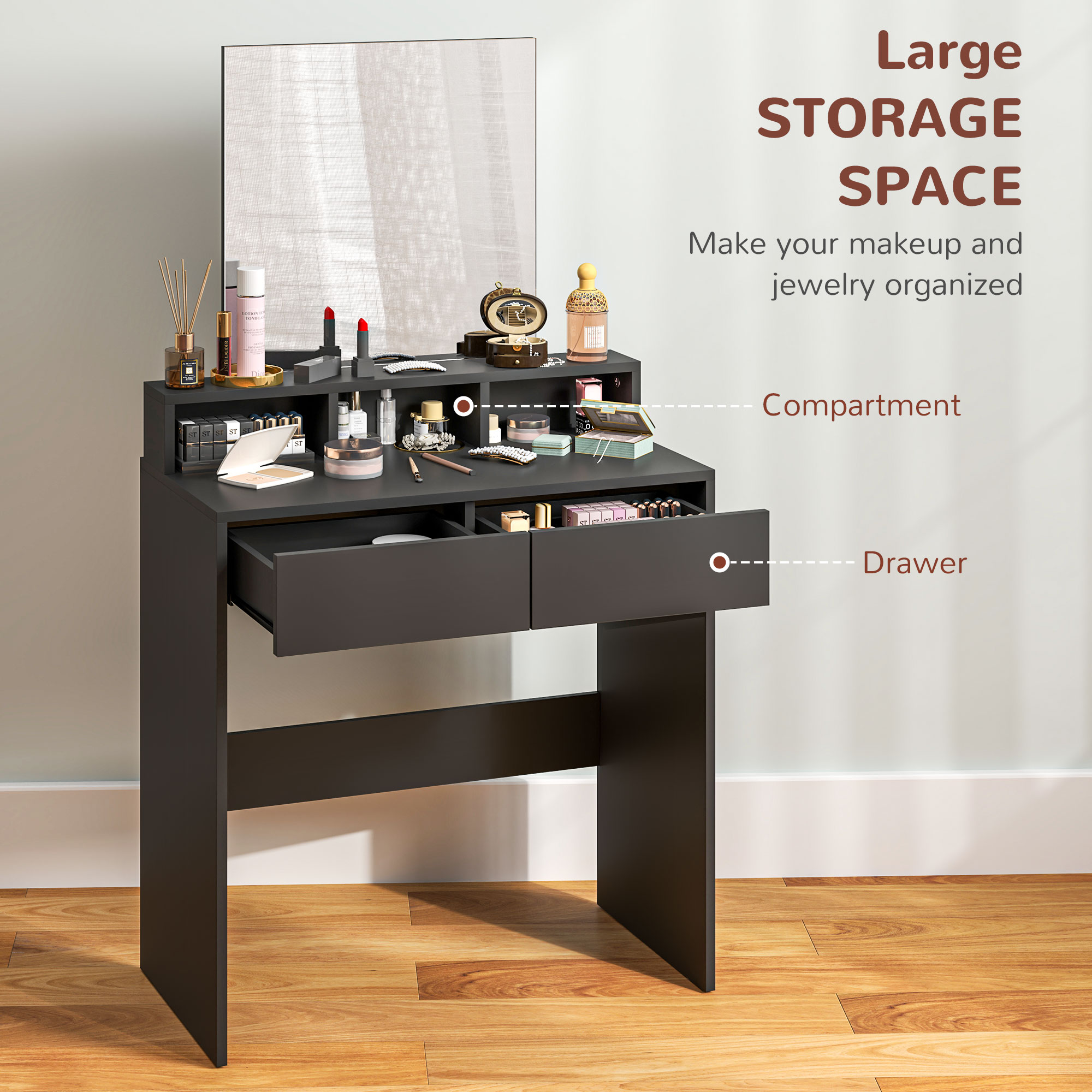 Makeup Vanity Desk with Mirror, for Bedroom, Modern Dressing Table with Drawers, Compartments, Black - Image 2
