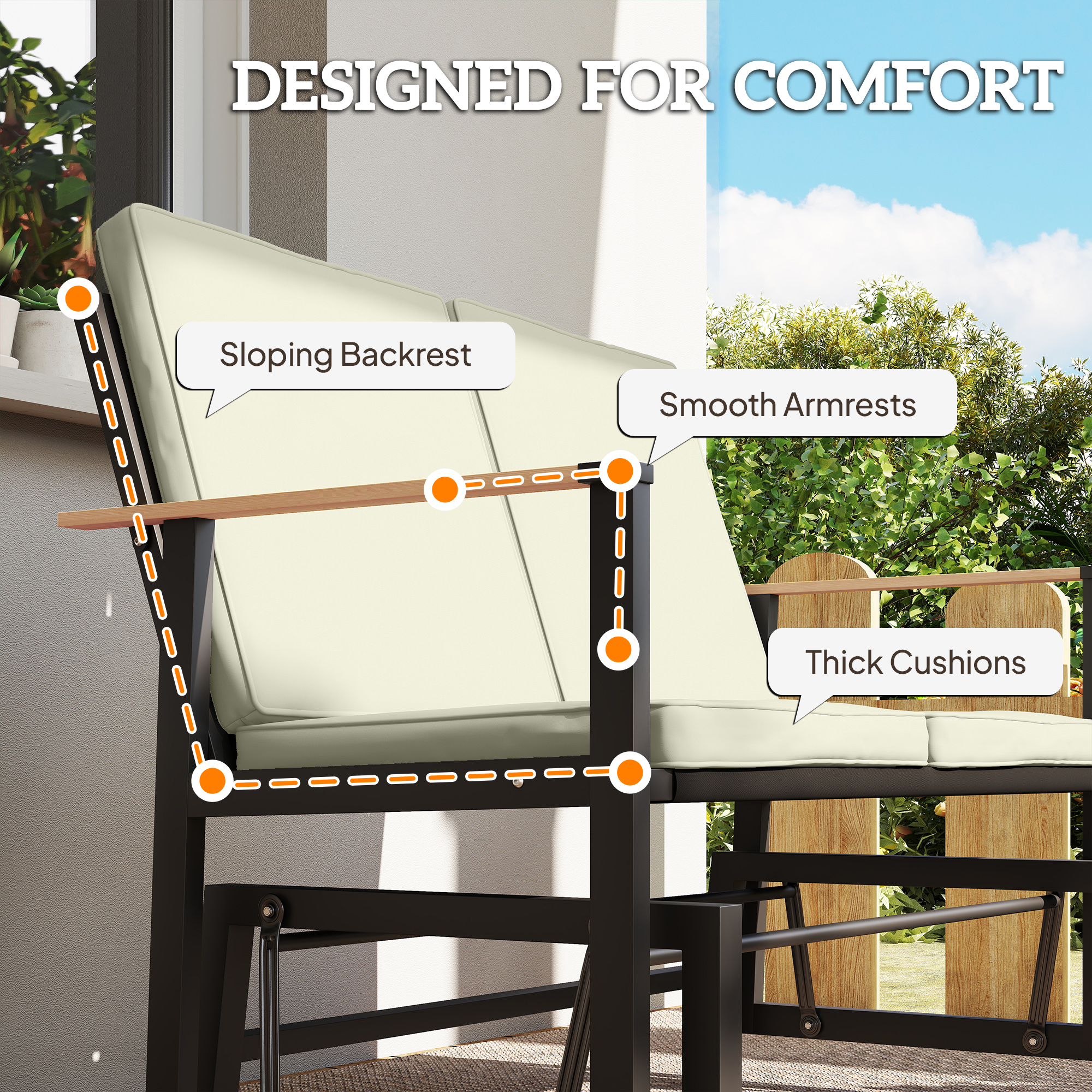 Outdoor Glider Bench for 2 Person, Patio Glider Loveseat with Thick Cushions for Garden Balcony Porch, Cream White - Image 4