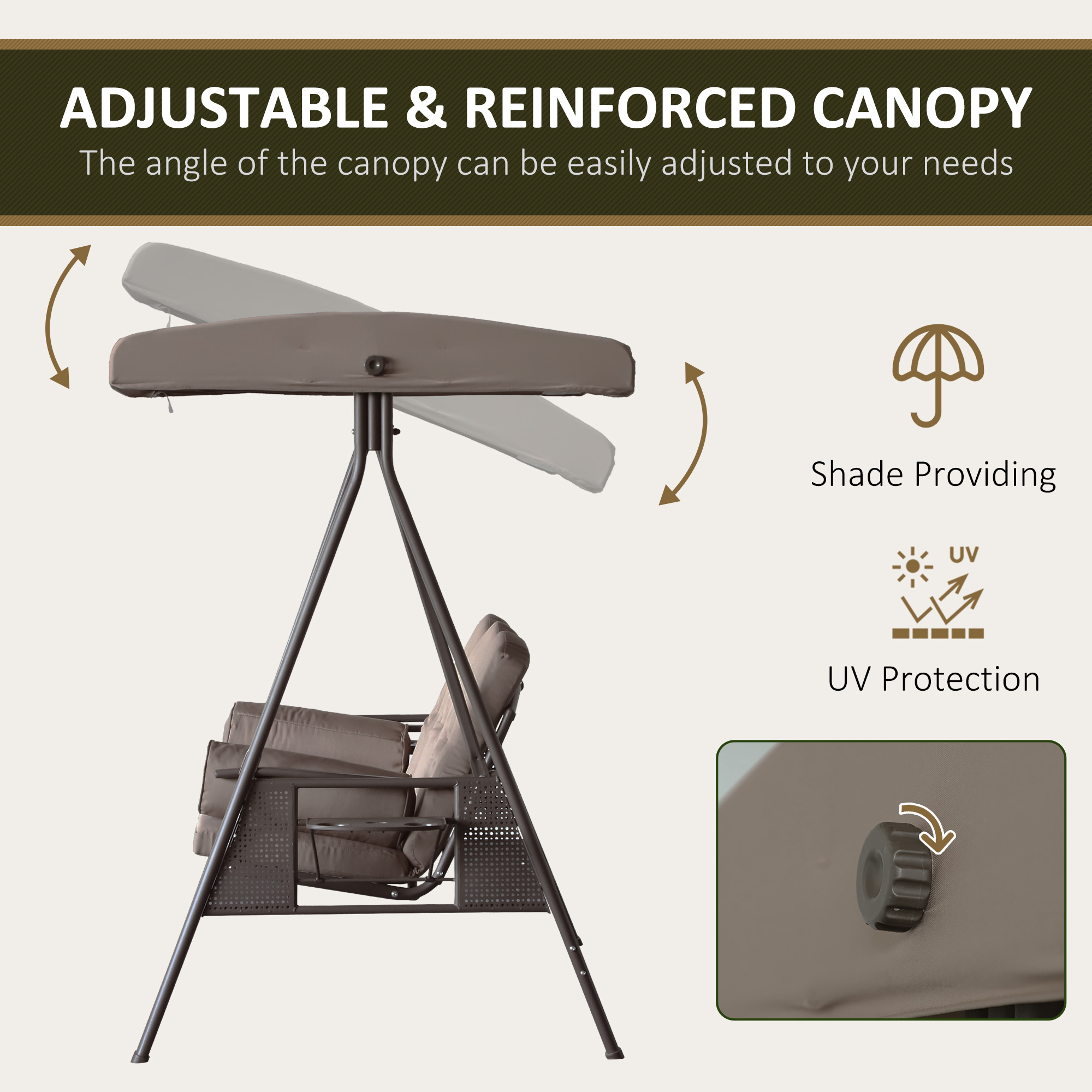 3 Seater Porch Swing Heavy Duty Outdoor Swing Chair Outdoor Lounge Hammock Cushioned Seat W/ Tilt Canopy, Brown - Image 2