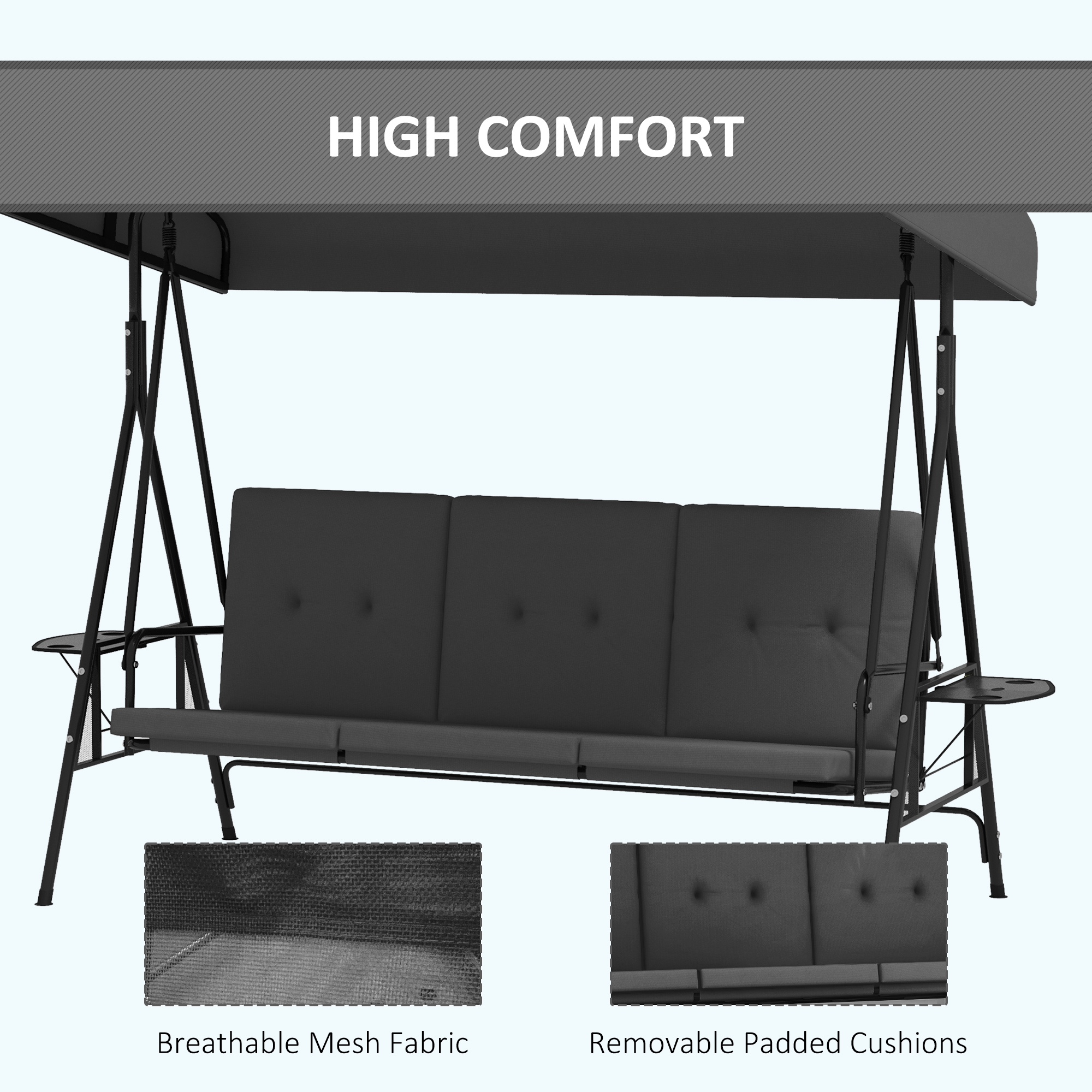 3-Seat Outdoor Porch Swing Patio Swing with Adjustable Canopy, Side Tray, Removable Cushion for Garden, Poolside, Grey - Image 4