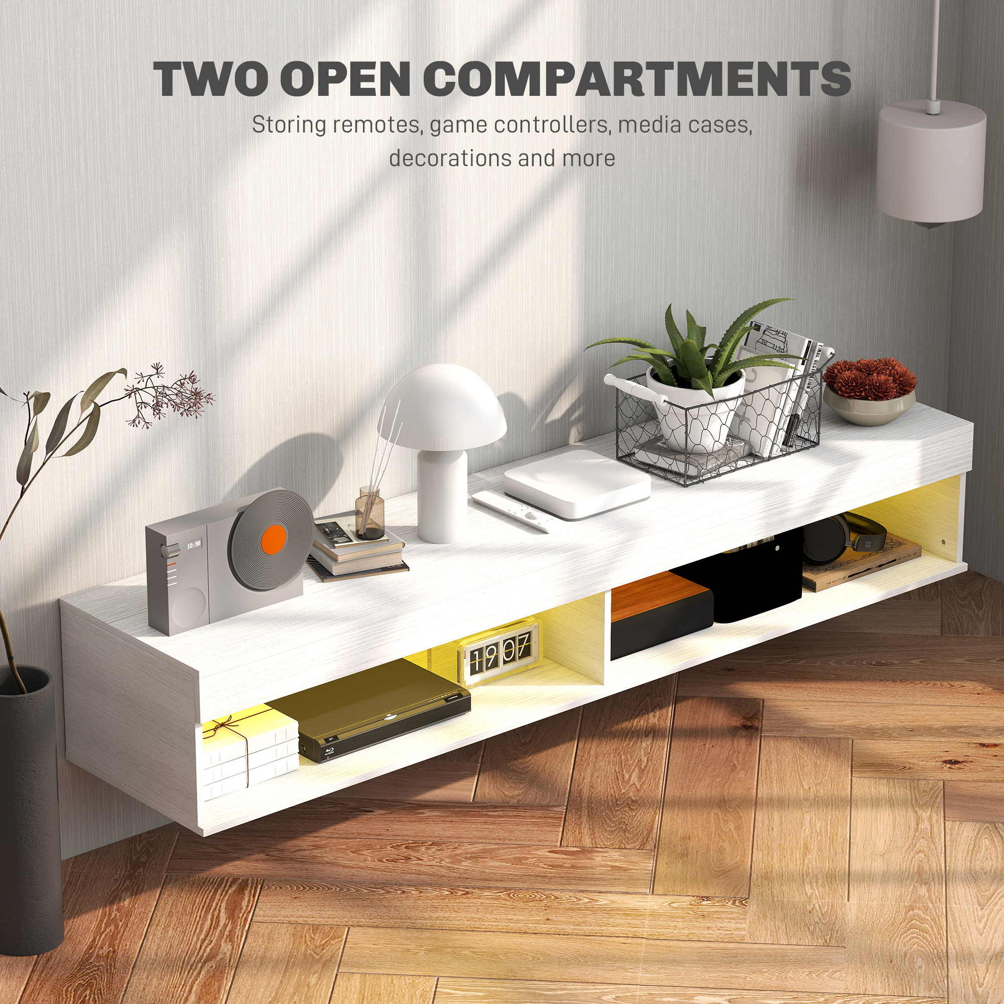 Modern Wall Mounted TV Stand with Storage and LED Lights for TVs up to 75", Floating TV Shelf for Living Room, White - Image 5