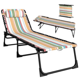 Outdoor Folding Lounge Chair, 4-Level Adjustable Chaise Lounge with Headrest, Tanning Chair Beach Bed, Reclining Lounger Cot for Camping, Hiking, Backyard, Multicoloured