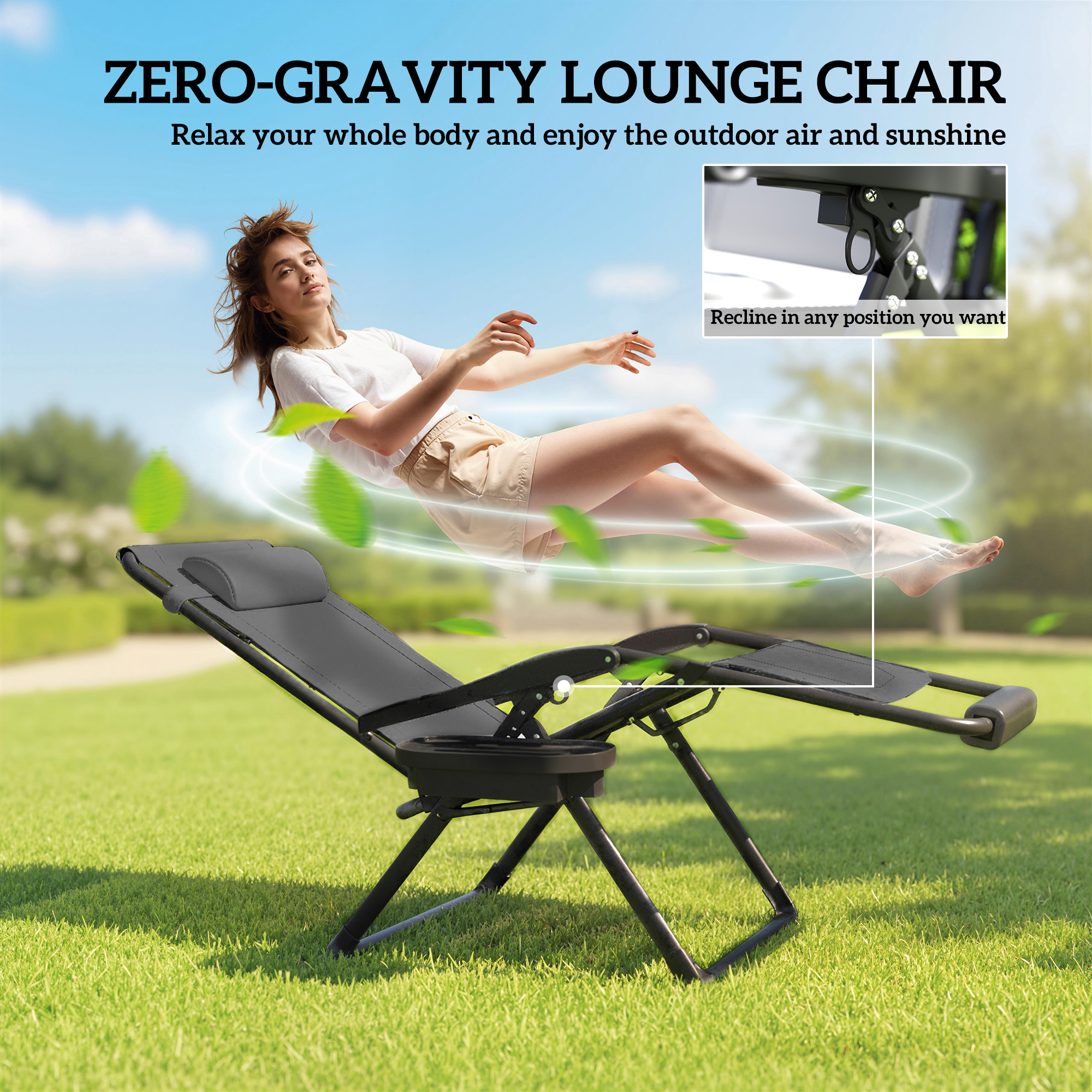 Zero Gravity Chair, Reclining Outdoor Lounger Chair with Cup Holder, 400 LBS Capacity, Dark Grey - Image 2