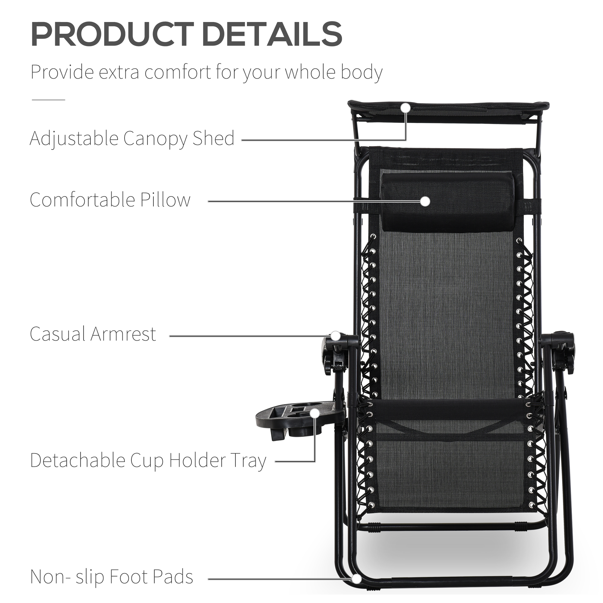 Outdoor Zero Gravity Reclining Lounger Chair with Canopy Shade, Side Tray, Cupholder, Black - Image 2