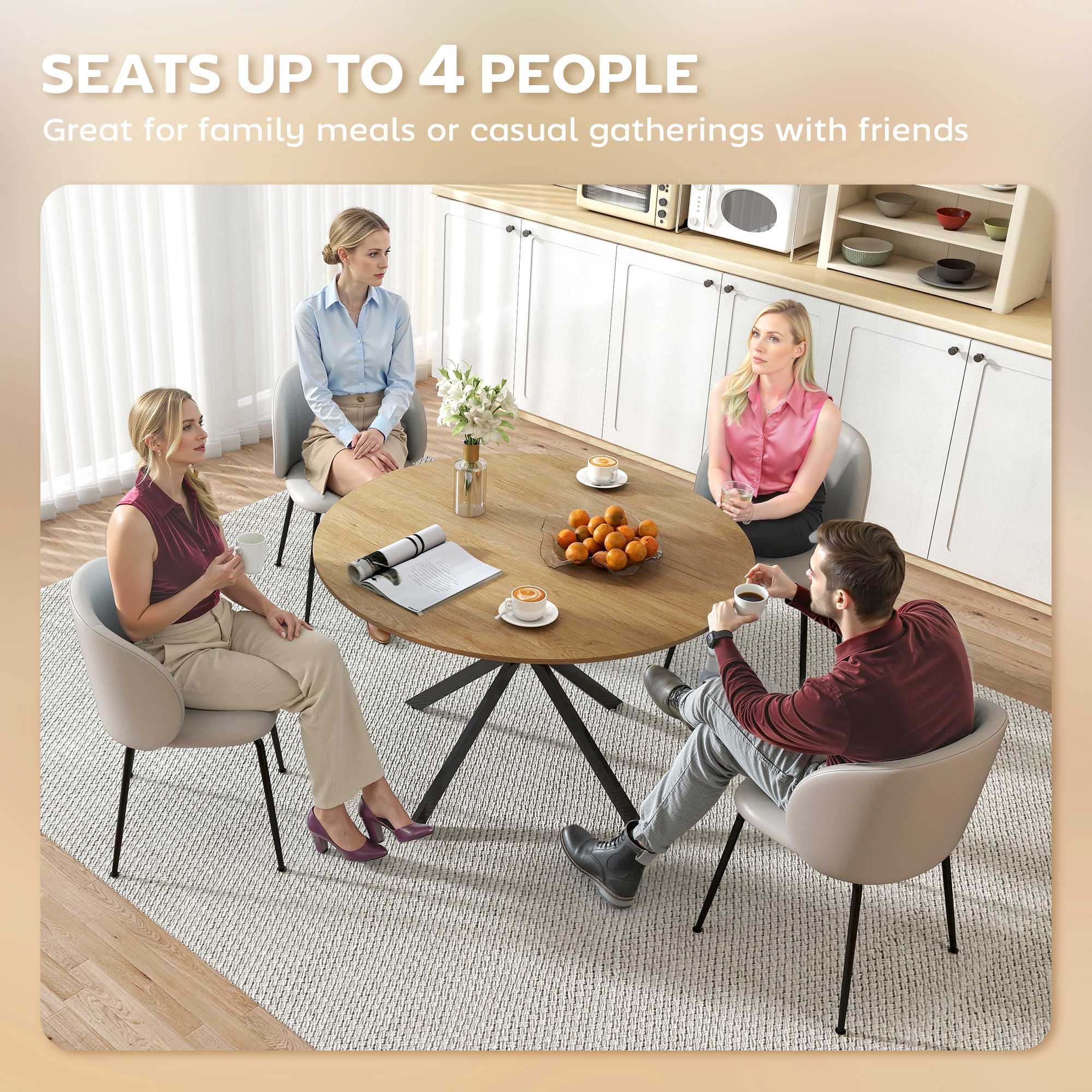 47" Round Kitchen Table for 4, Industrial Dining Table with Steel Legs for Dining Room, Brown and Black - Image 3