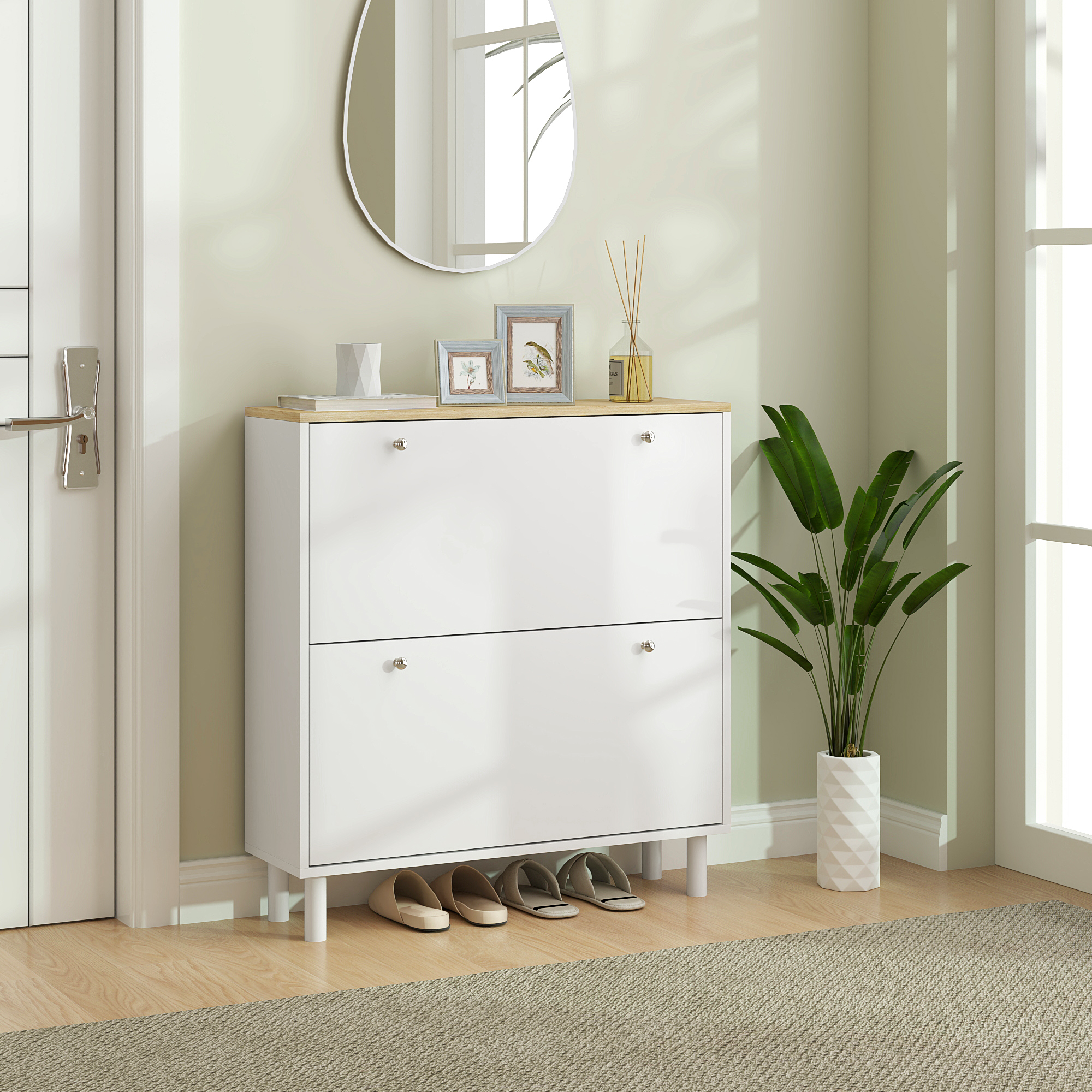 2 Drawers Shoe Storage Cabinet with Adjustable Shelves for 16 Pairs of Shoes, White - Image 6