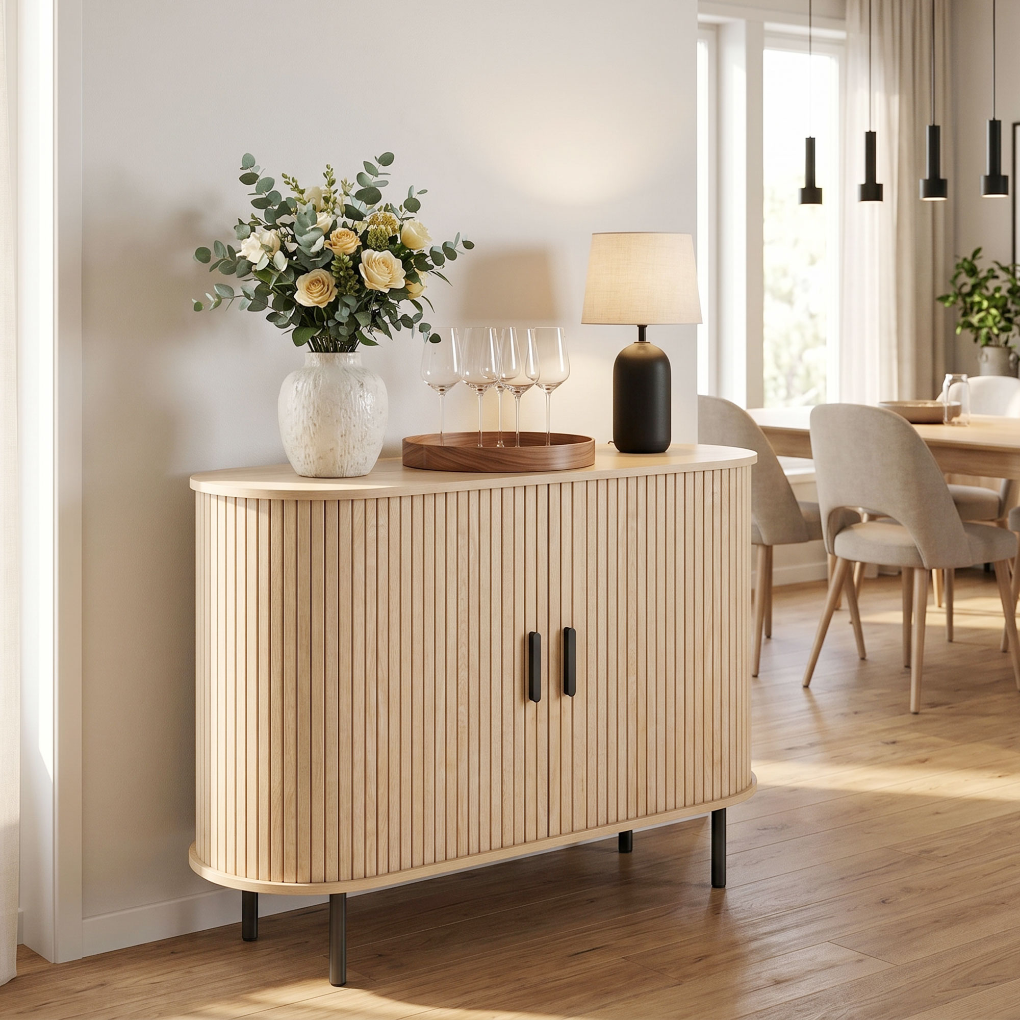 Sideboard Buffet Cabinet with Curved Tambour Doors and Storage, Natural Wood - Image 6