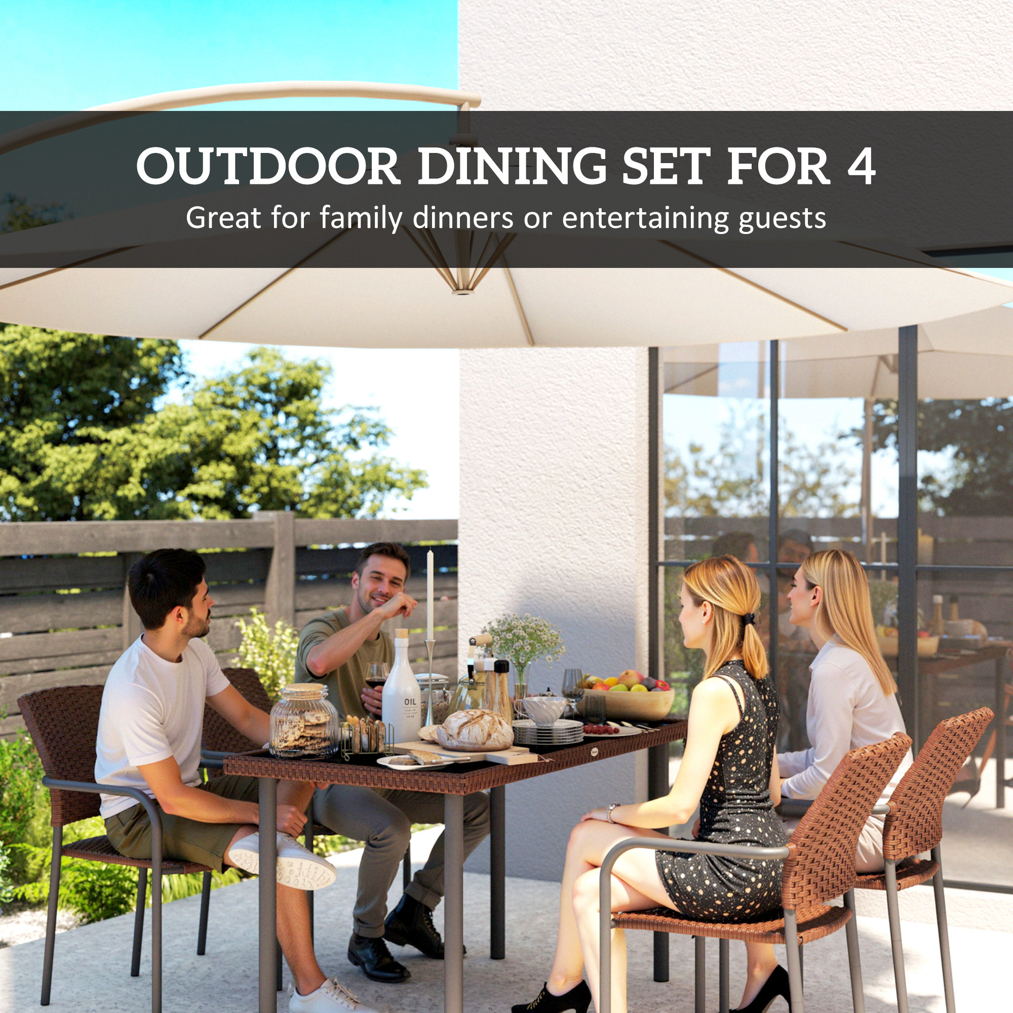 5 Pieces Outdoor Dining Set for 4, PE Wicker Rattan Patio Furniture Set with Stackable Chairs and Glass Table Top - Image 2