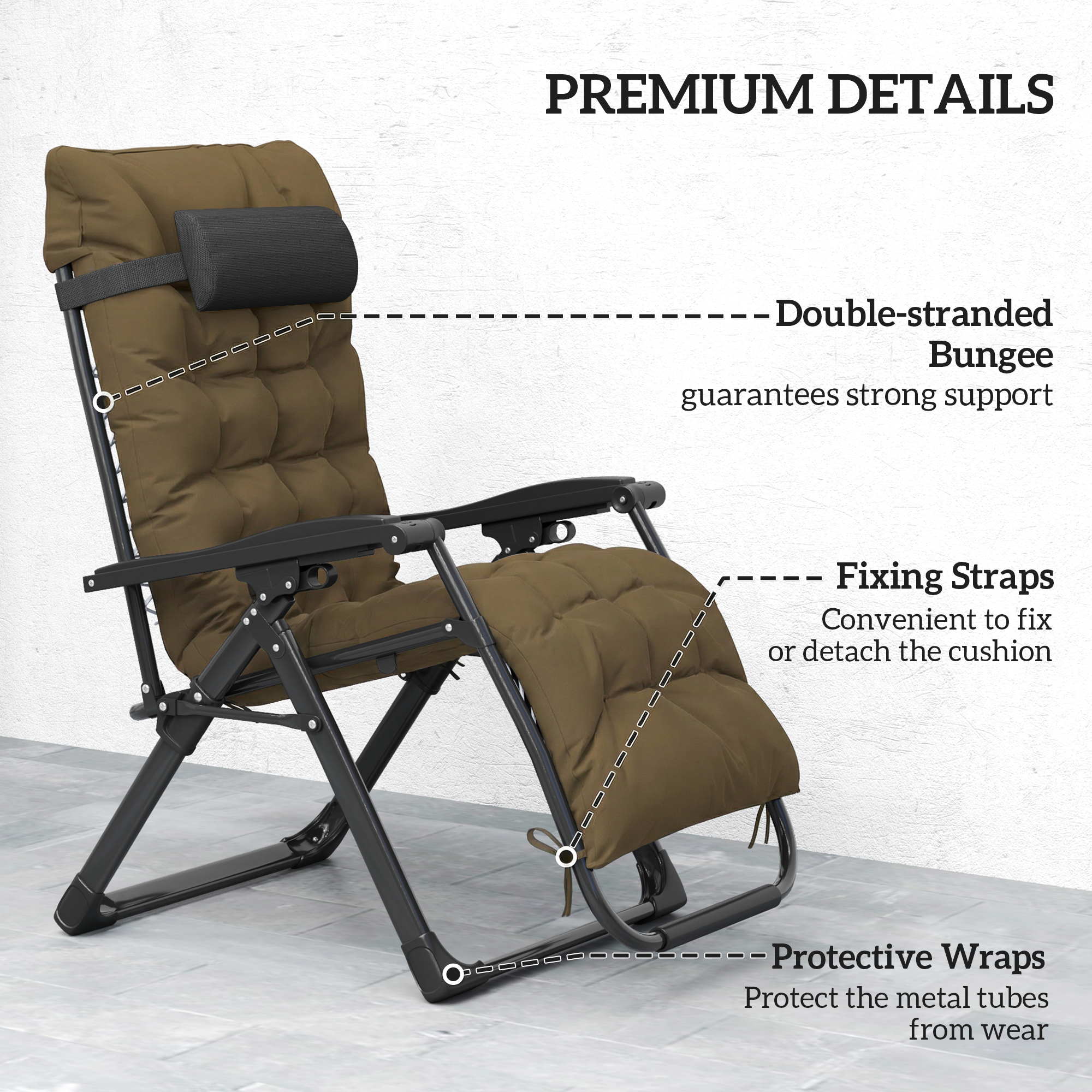 Folding Garden Chair, Reclining Zero Gravity Chair, Sun Lounger with Cushion and Headrest, Khaki - Image 5
