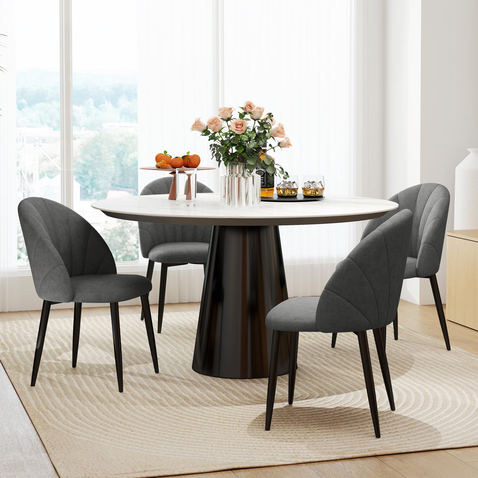 Modern Dining Chairs Set of 4, Upholstered Dining Room Chairs with Metal Legs, Shell Backrest, Padded Seat, Dark Grey - Image 6