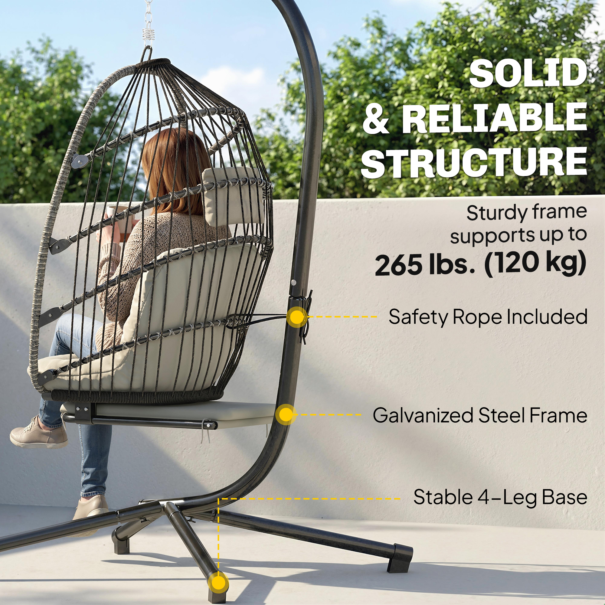 Outdoor Hanging Egg Chair with Retractable Footrest Swing Chair with Metal Stand Light Grey - Image 5