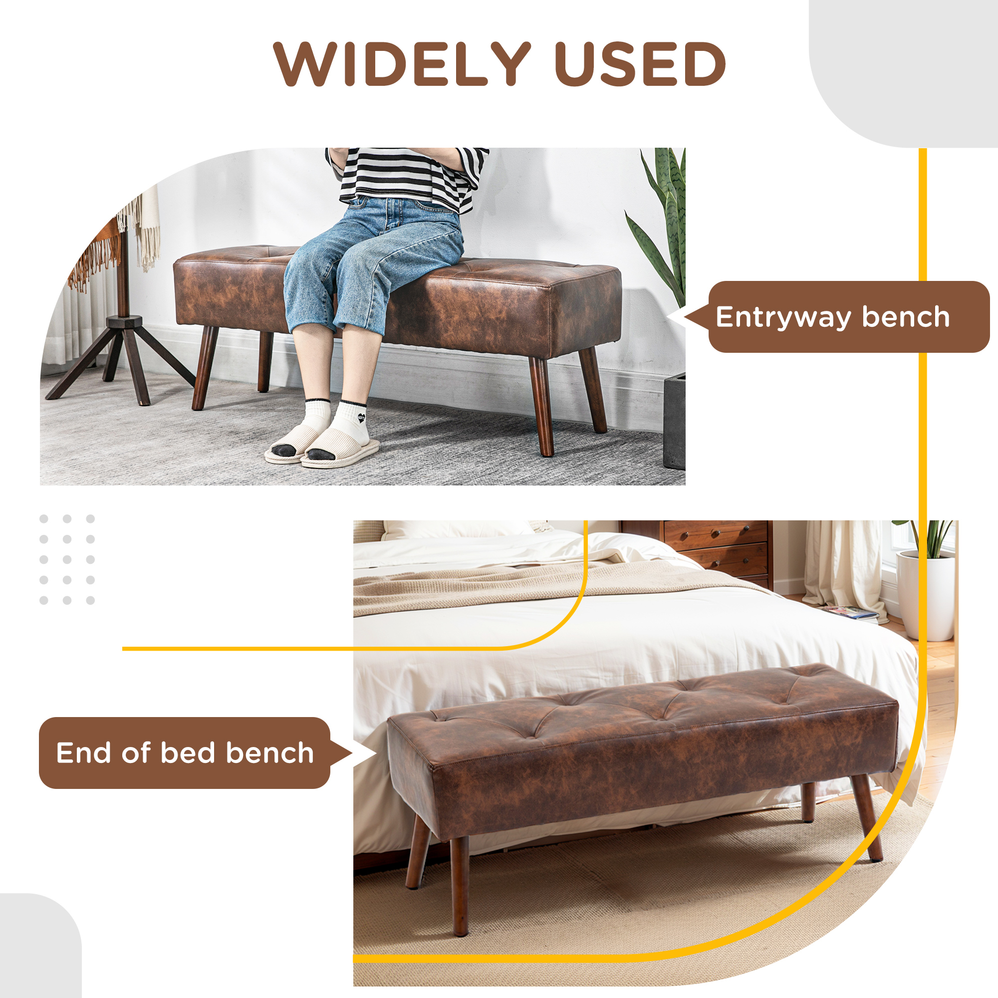 Bedroom Bench, End of Bed Bench with Button Tufted, PU Leather Upholstered Entryway Bench with Wood Legs, Brown - Image 2