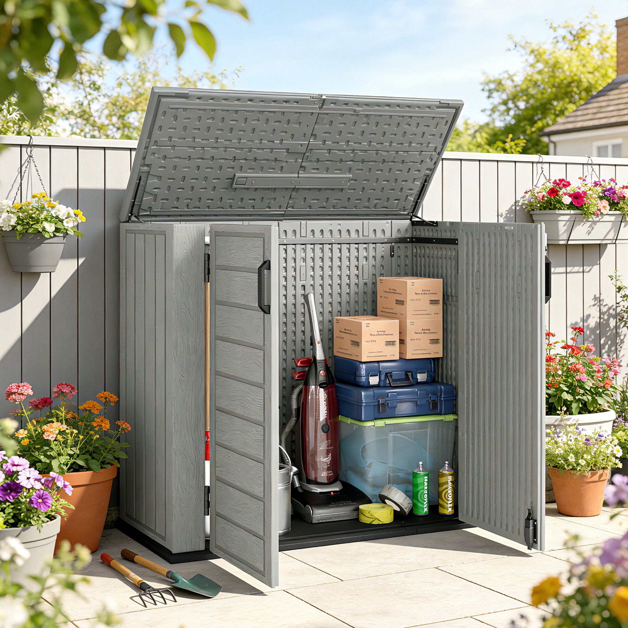 33 Cu.ft Plastic Outdoor Storage Shed, Storage Cabinet Tool Box with Lockable Double Doors and Flip-Top Lid Light Grey - Image 6
