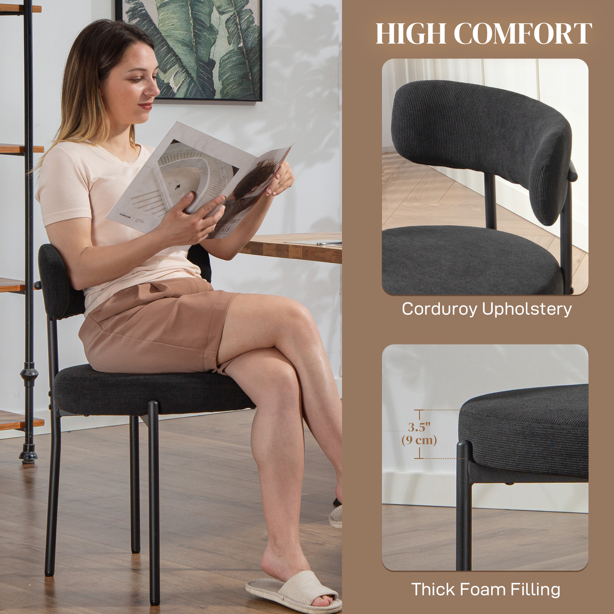 4 Pieces Kitchen Chairs, Modern Dining Chairs w/ Corduroy Upholstery and Steel Legs for Living Room, Black - Image 3