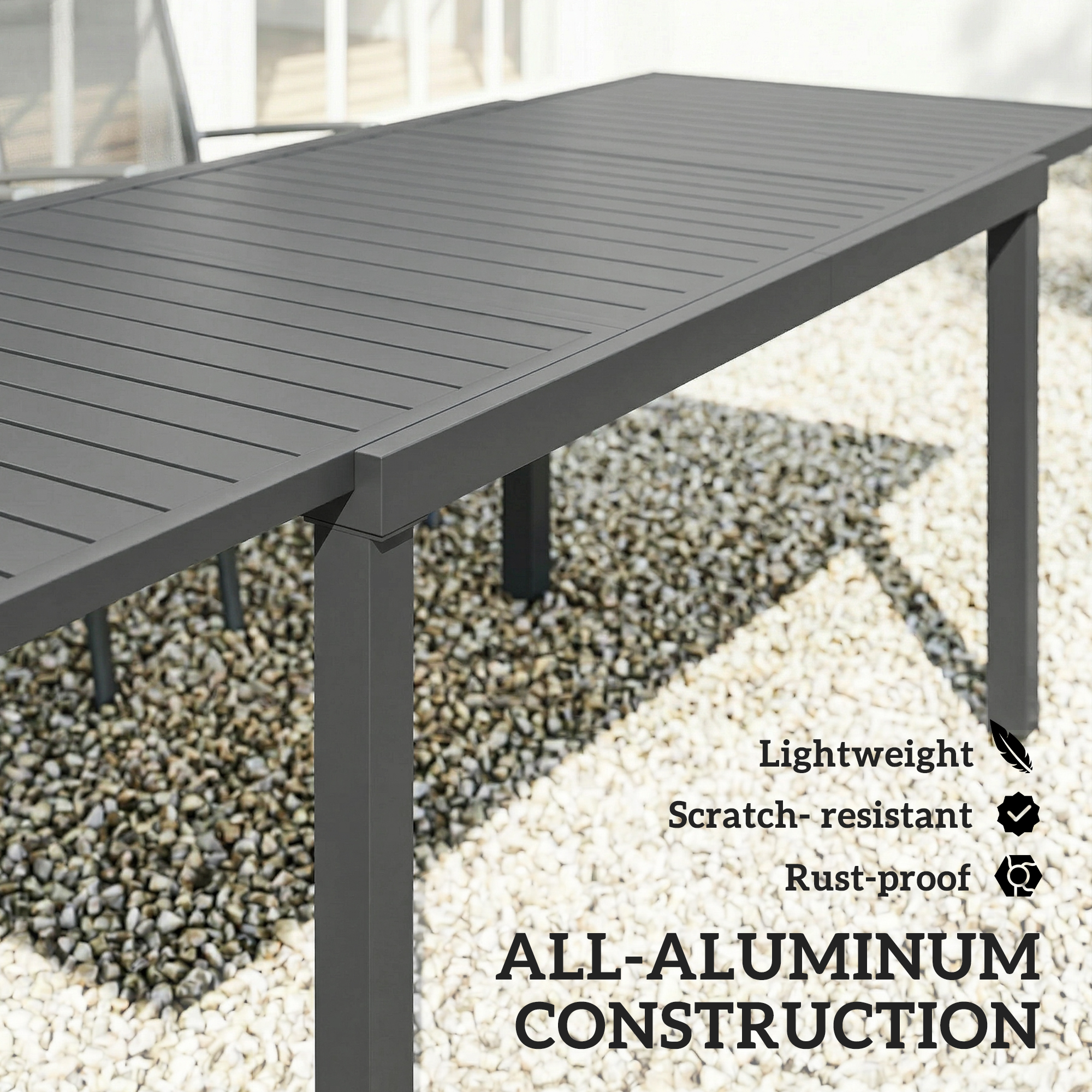 Expandable Outdoor Dining Table for 6-8 People, 59"-89" Aluminum Patio Dining Table with Slatted Top, Dark Grey - Image 3