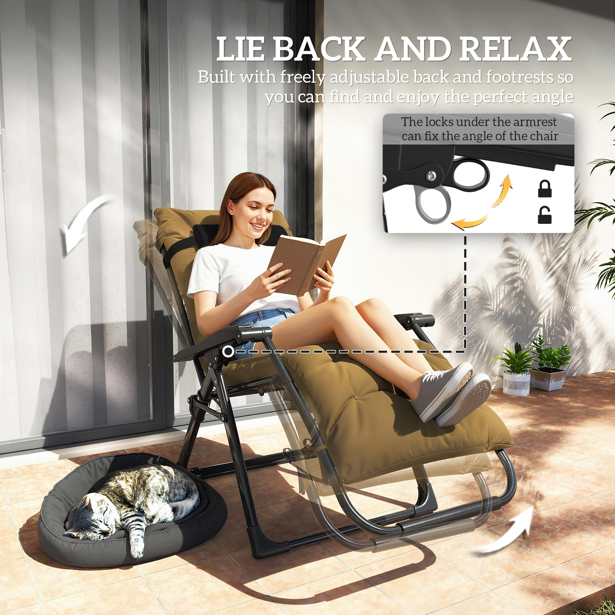 Folding Garden Chairs Set of 2, Reclining Zero Gravity Chair, Sun Lounger with Cushion and Headrest, Khaki - Image 2