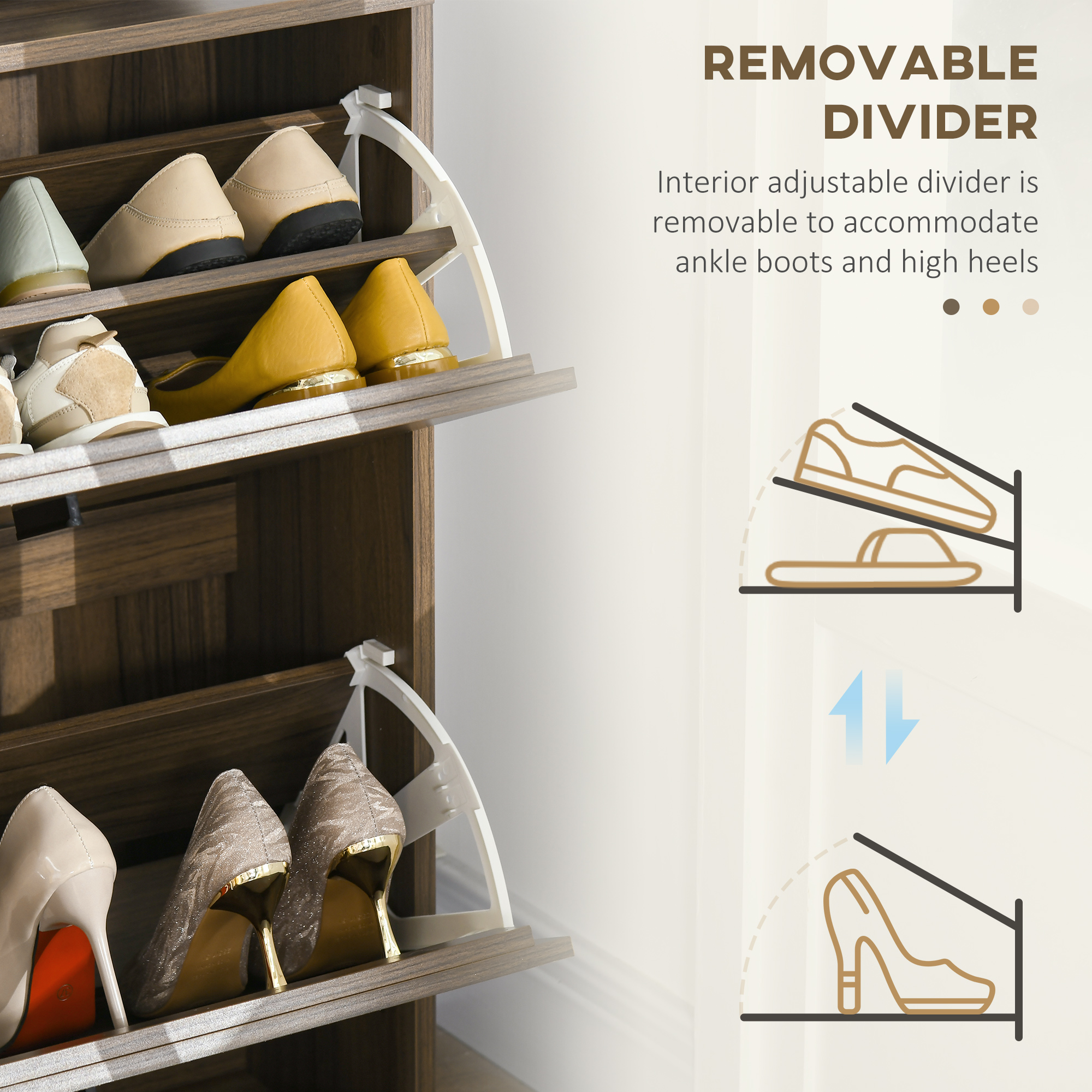 Shoe Storage Cabinet Organizer for 12 Pairs of Shoes with 2 Flip Drawers and Adjustable Shelves, Walnut - Image 4