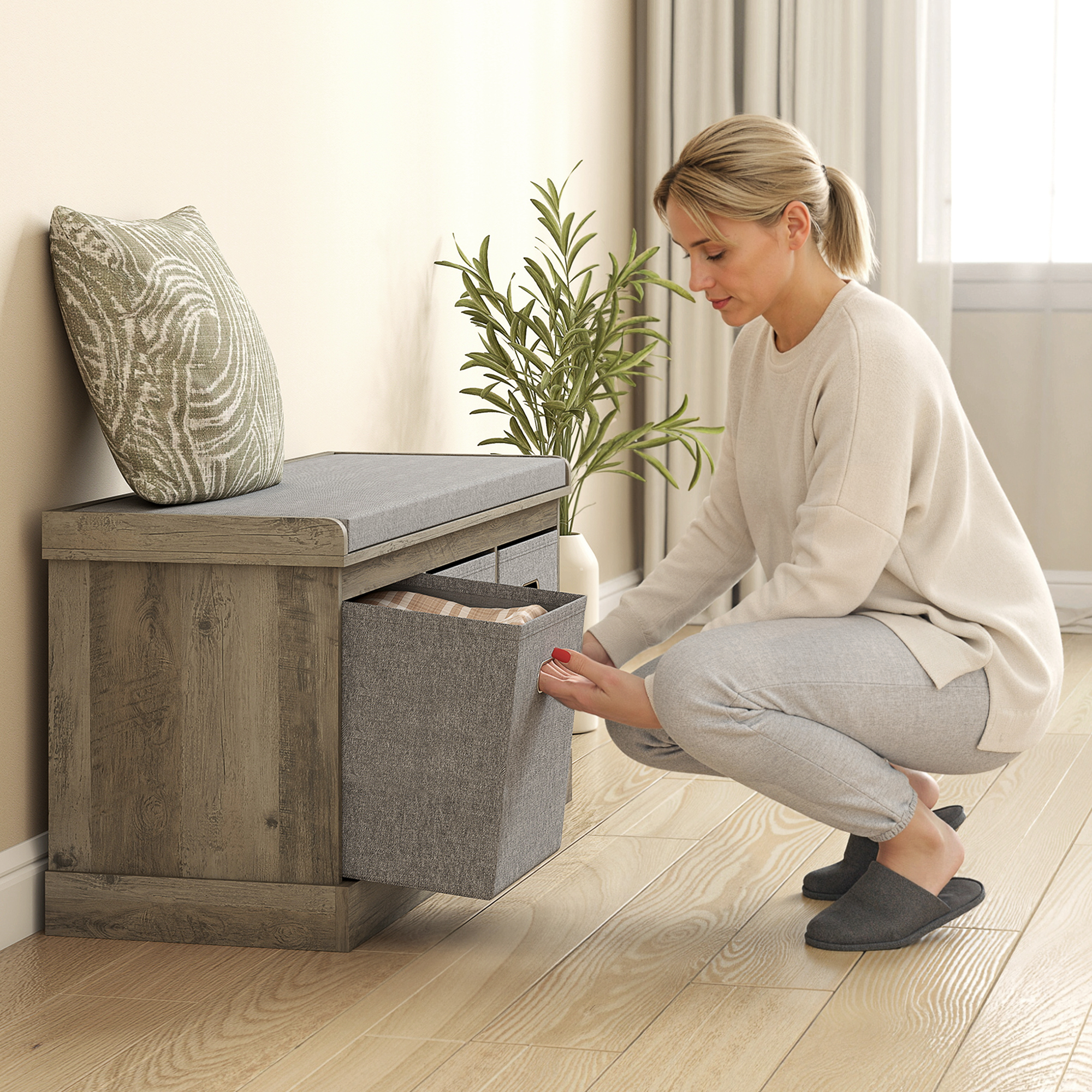 Shoe Storage Bench with Seat, Entryway Bench Seat with Cushion, 3 Fabric Drawers for Hallway, Washed Grey - Image 5
