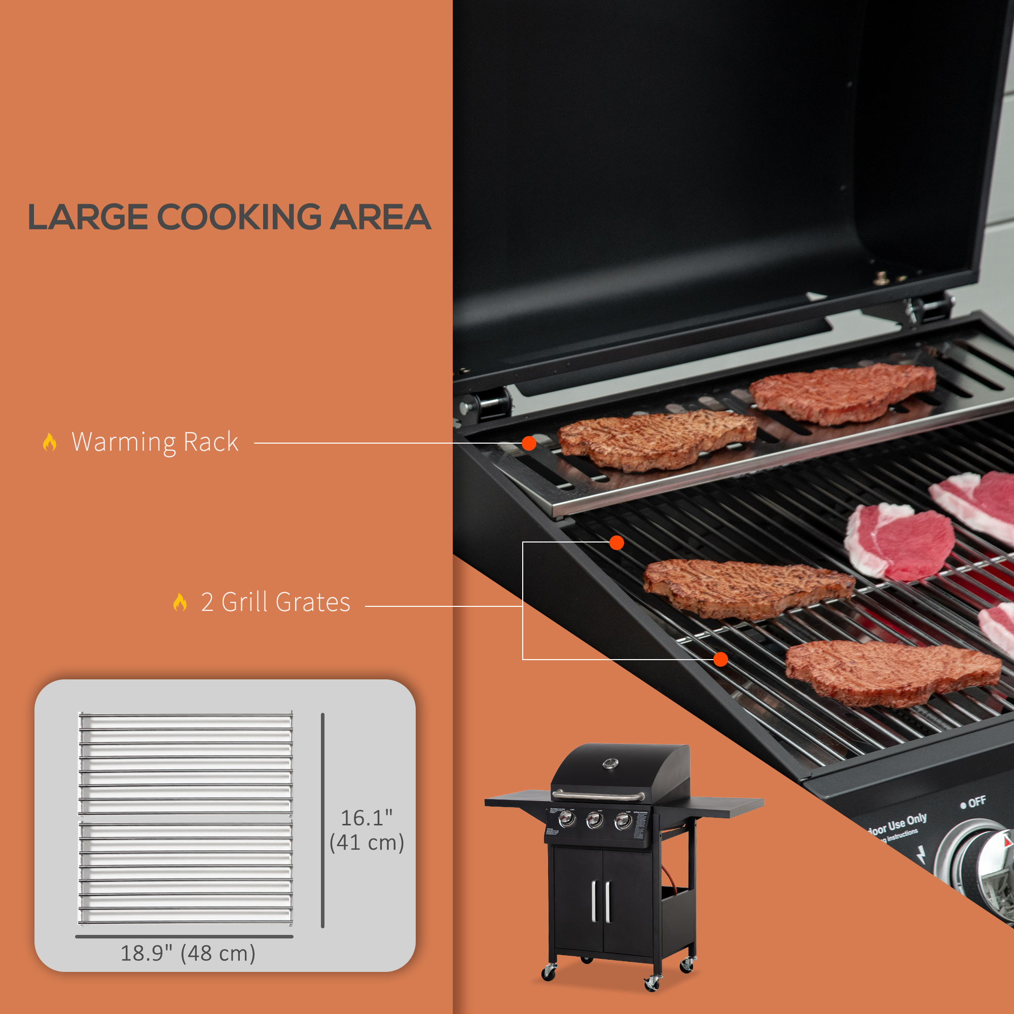 Outdoor 3 Burner Gas Grill Portable Barbecue w/ Wheels, Warming Rack, Shelves, Cabinet, Thermometer, Black - Image 2