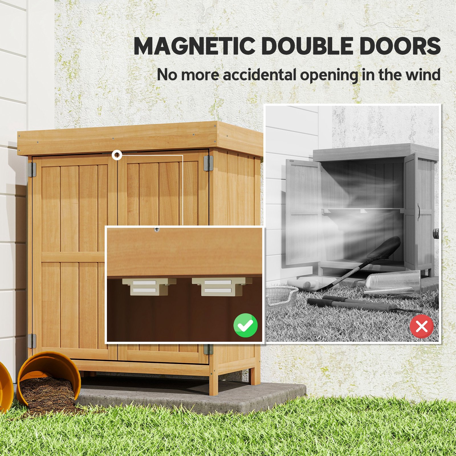 Wooden Garden Tool Storage Shed Kit with Hinged Roof, 2-Tier Shelves and Double Doors, 74x43x88cm, Natural Wood - Image 4