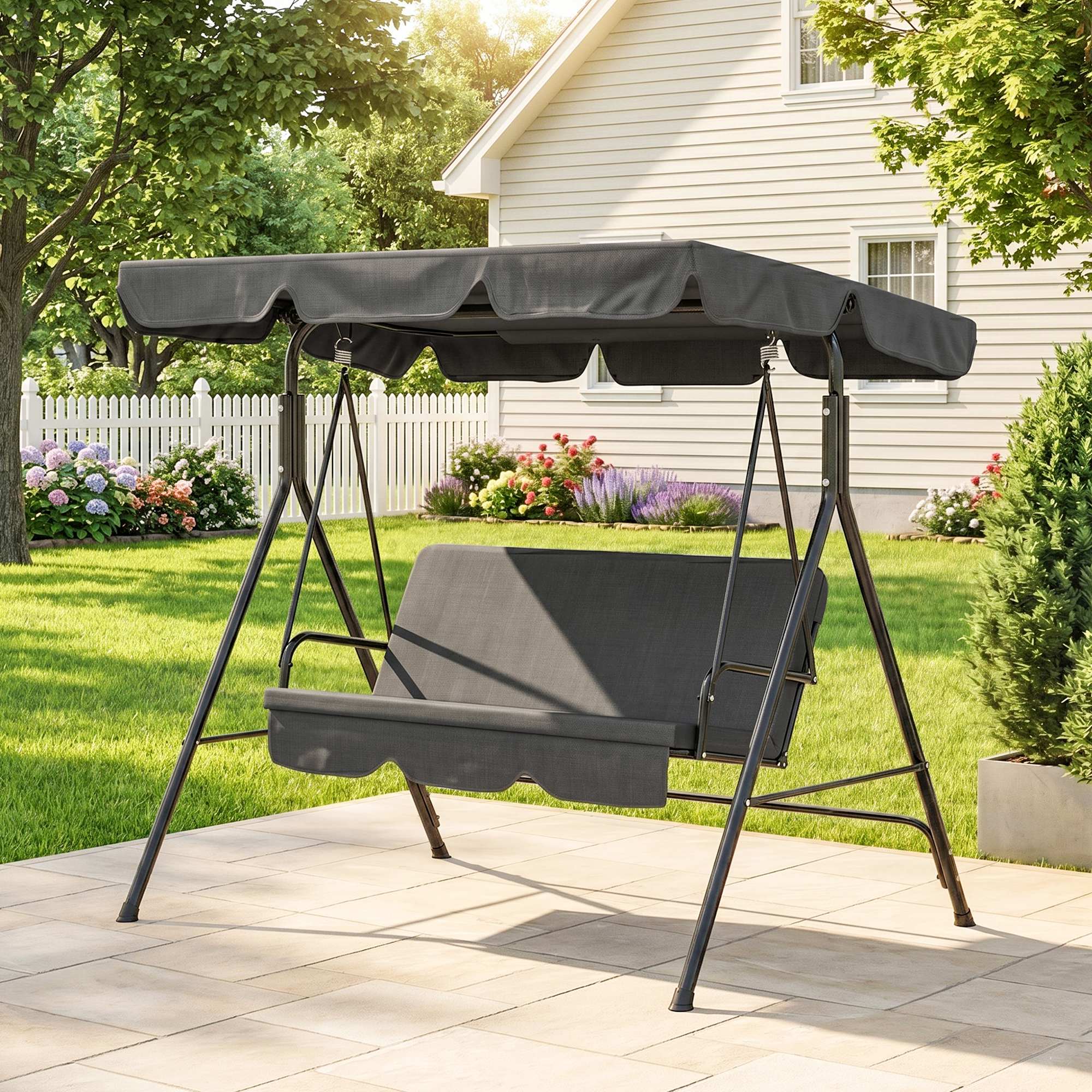 3-Seater Outdoor Porch Swing with Adjustable Canopy, Patio Swing Chair for Garden, Poolside, Backyard, Black - Image 6