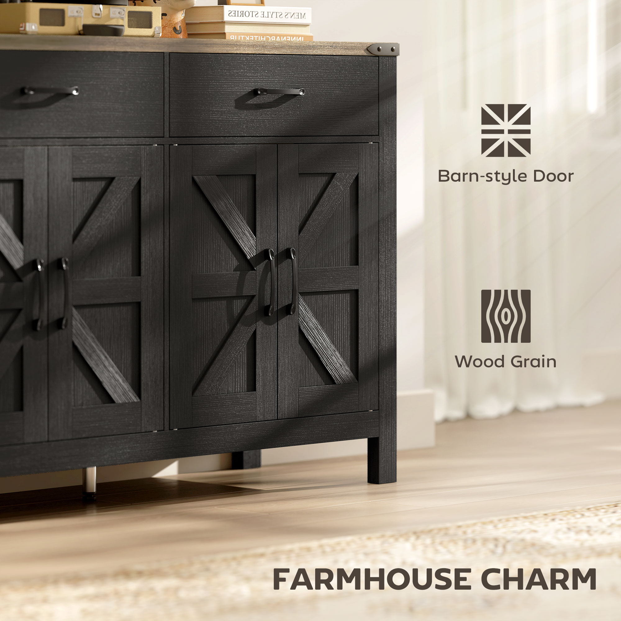 Sideboard Buffet Cabinet, Farmhouse Kitchen Storage Cabinet w/ 2 Drawers and Shelves for Living Room, Entryway - Image 5