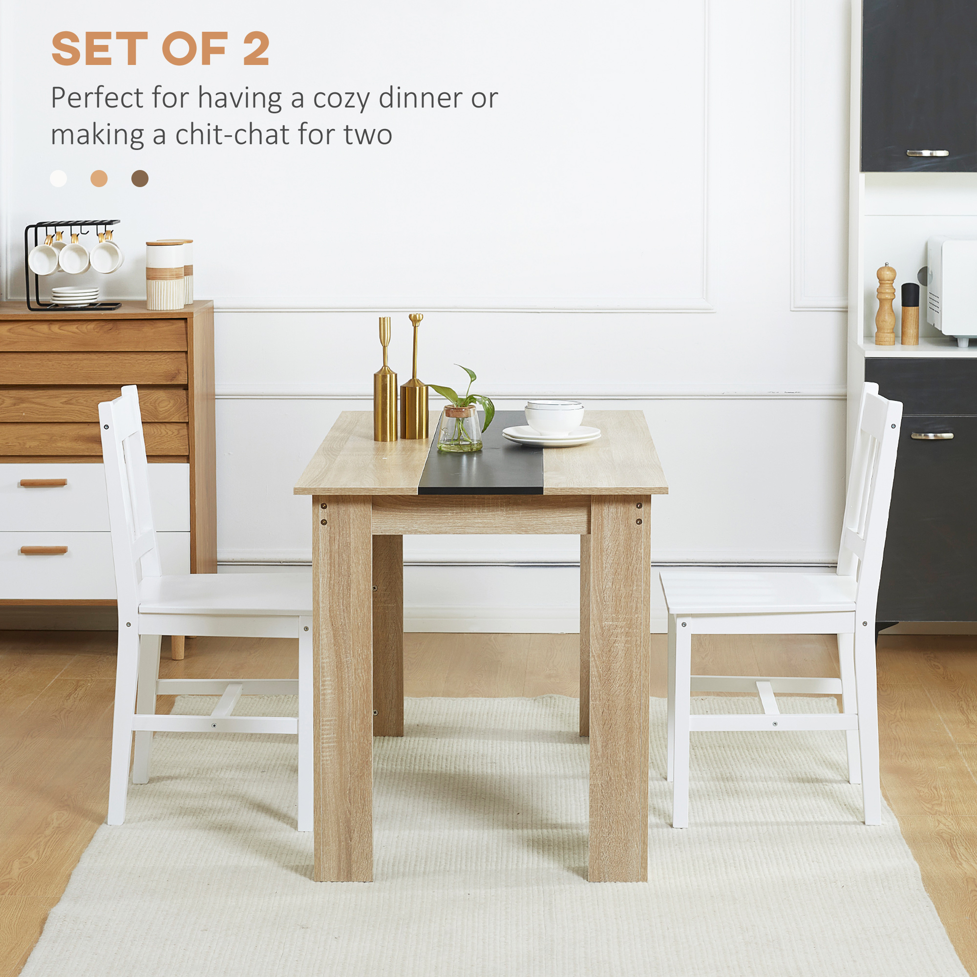 Dining Chairs Set of 2, Kitchen Chair with Slat Back, Pine Wood Structure for Living Room and Dining Room, White - Image 2