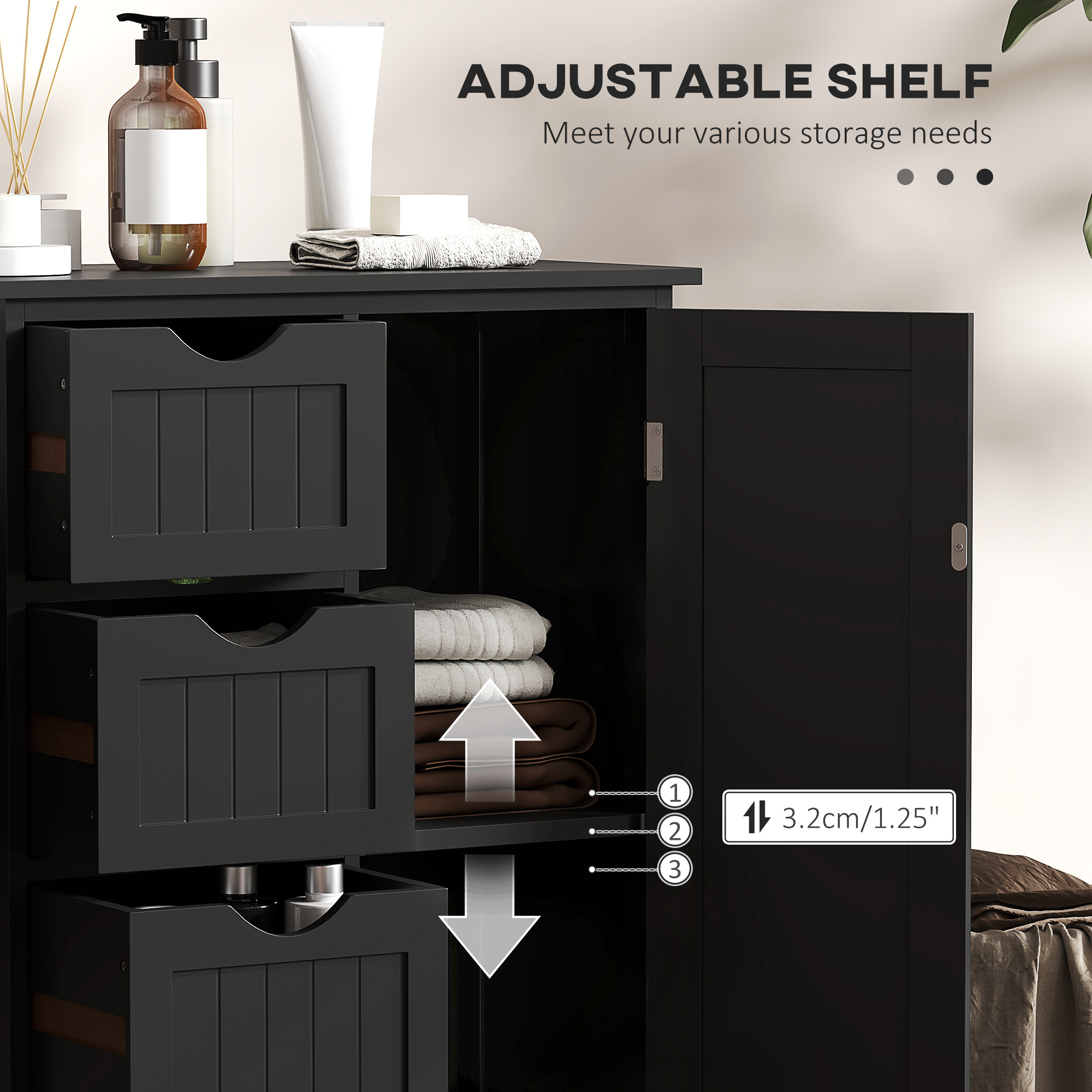 Bathroom Storage Cabinet, Floor Cabinet with Adjustable Shelf and 4 Drawers, Side Cabinet for Washroom, Black - Image 3