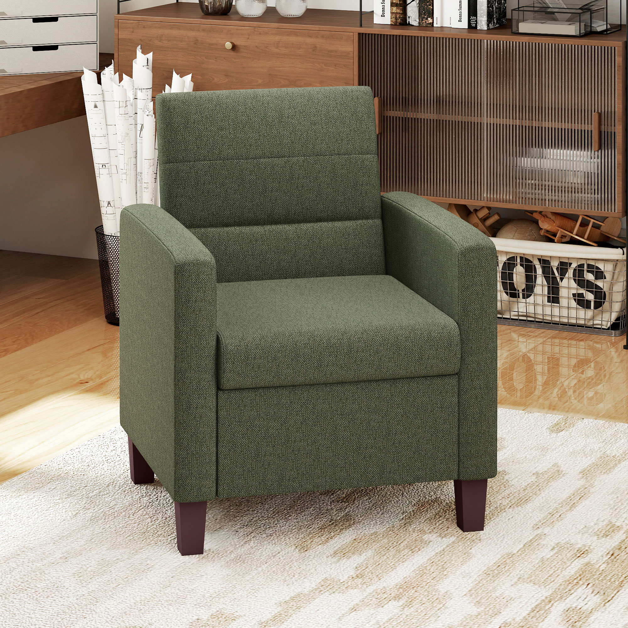 Fabric Accent Chair, Modern Armchair with Seat Cushion and Non-Slip Pads for Living Room, Bedroom, Dark Green - Image 6