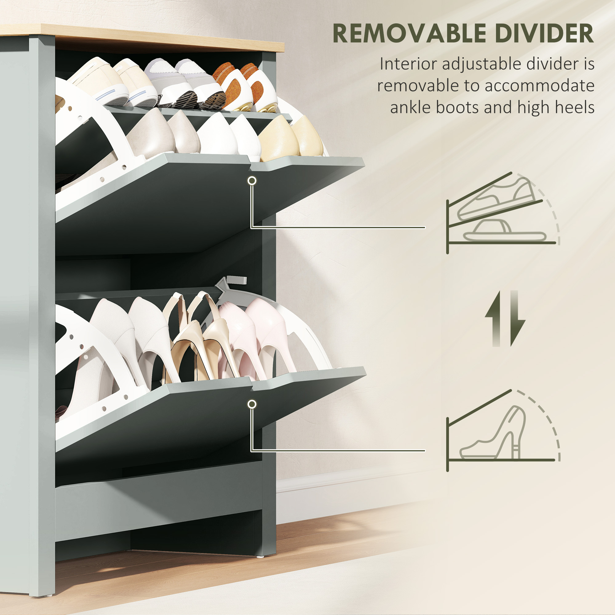 Shoe Storage Cabinet with 2 Flip Drawers and Adjustable Shelves for 8–12 Pairs of Shoes, Light Grey - Image 4