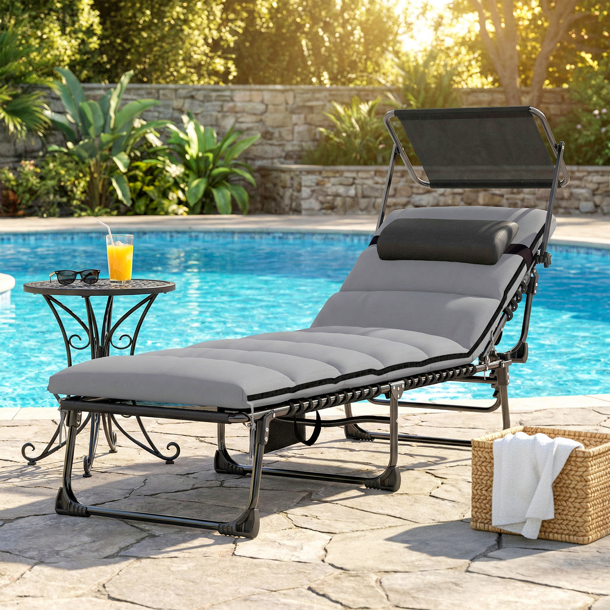 Lounge Chair Outdoor, Folding Chaise Lounge with 5-Level Adjustable Back, Cushion, Side Pocket and Headrest - Image 6