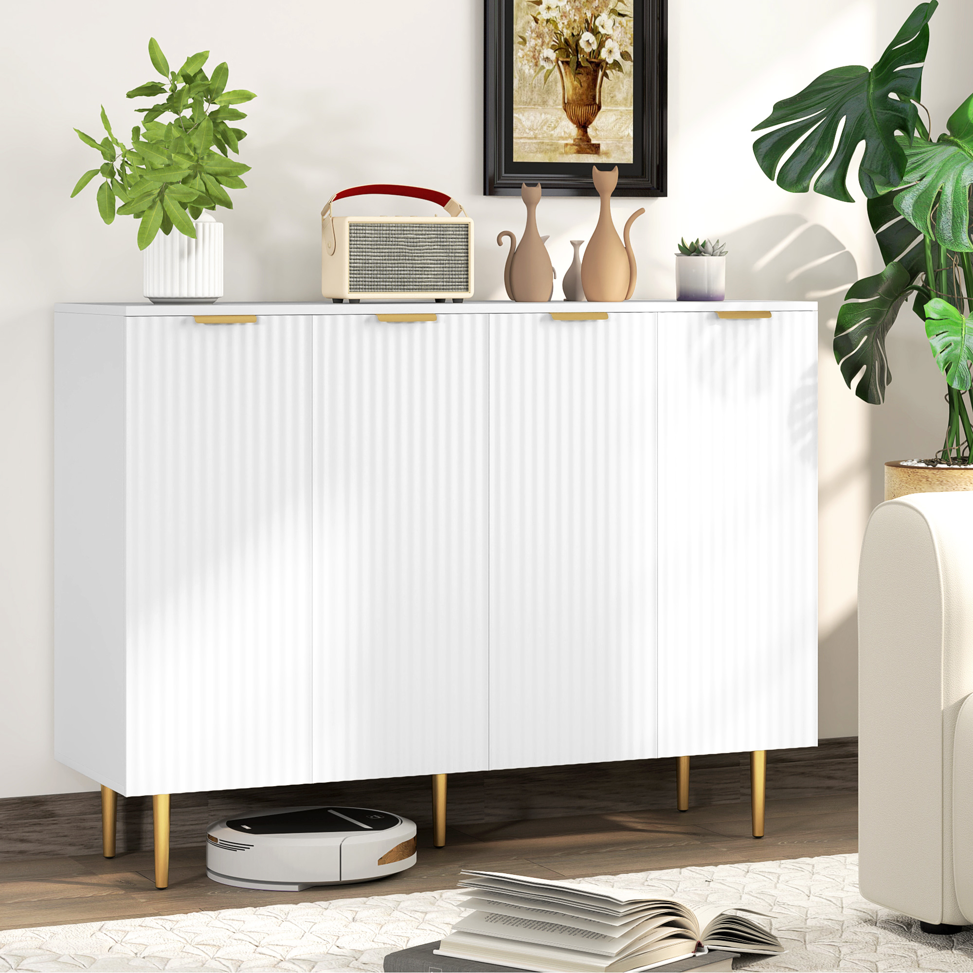Modern Kitchen Storage Cabinet, Sideboard Buffet Cabinet with Adjustable Shelves for Kitchen Hallway, White - Image 6