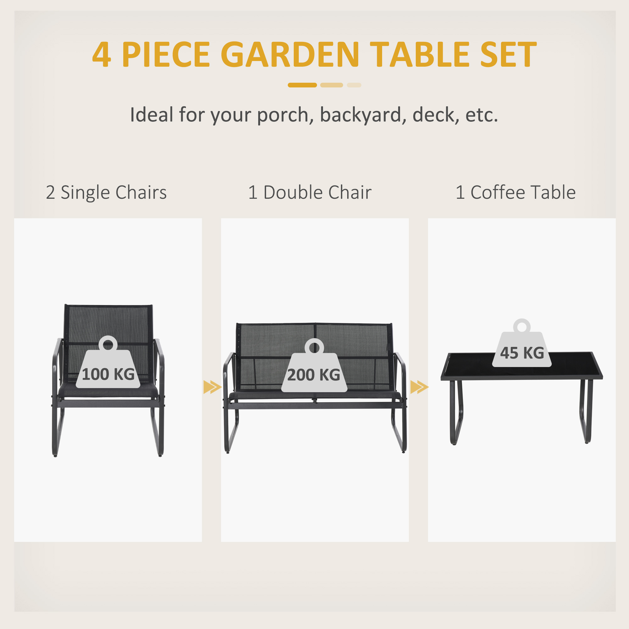 4 Piece Patio Furniture Set, Outdoor Conversation Set with Loveseat Sofa, Armchairs, Glass Top Coffee Table, Black - Image 2