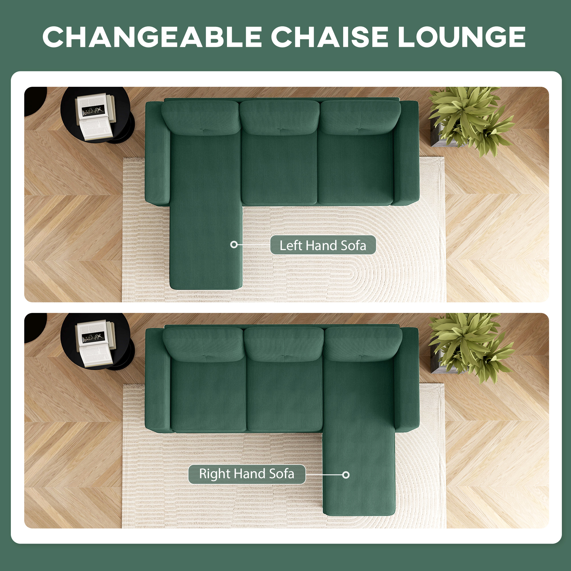 Sectional Sofa with Changeable Chaise Lounge, 3 Seat L-Shaped Sofa, Upholstered Couch for Small Space, Dark Green - Image 2