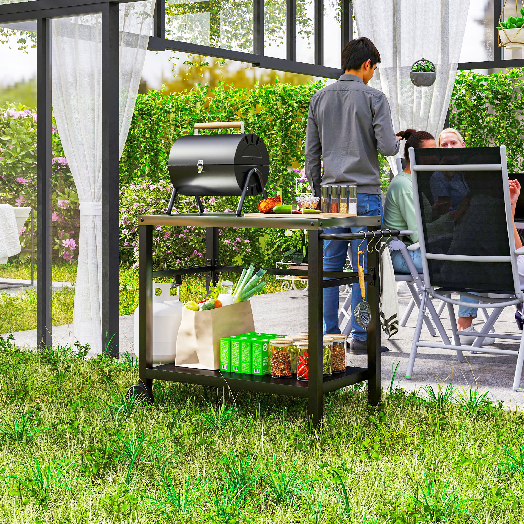 Outdoor Grill Dining Cart with Stainless Steel Tabletop, 2-Shelf BBQ Movable Pizza Oven Stand with Wheels, Charcoal Grey - Image 6
